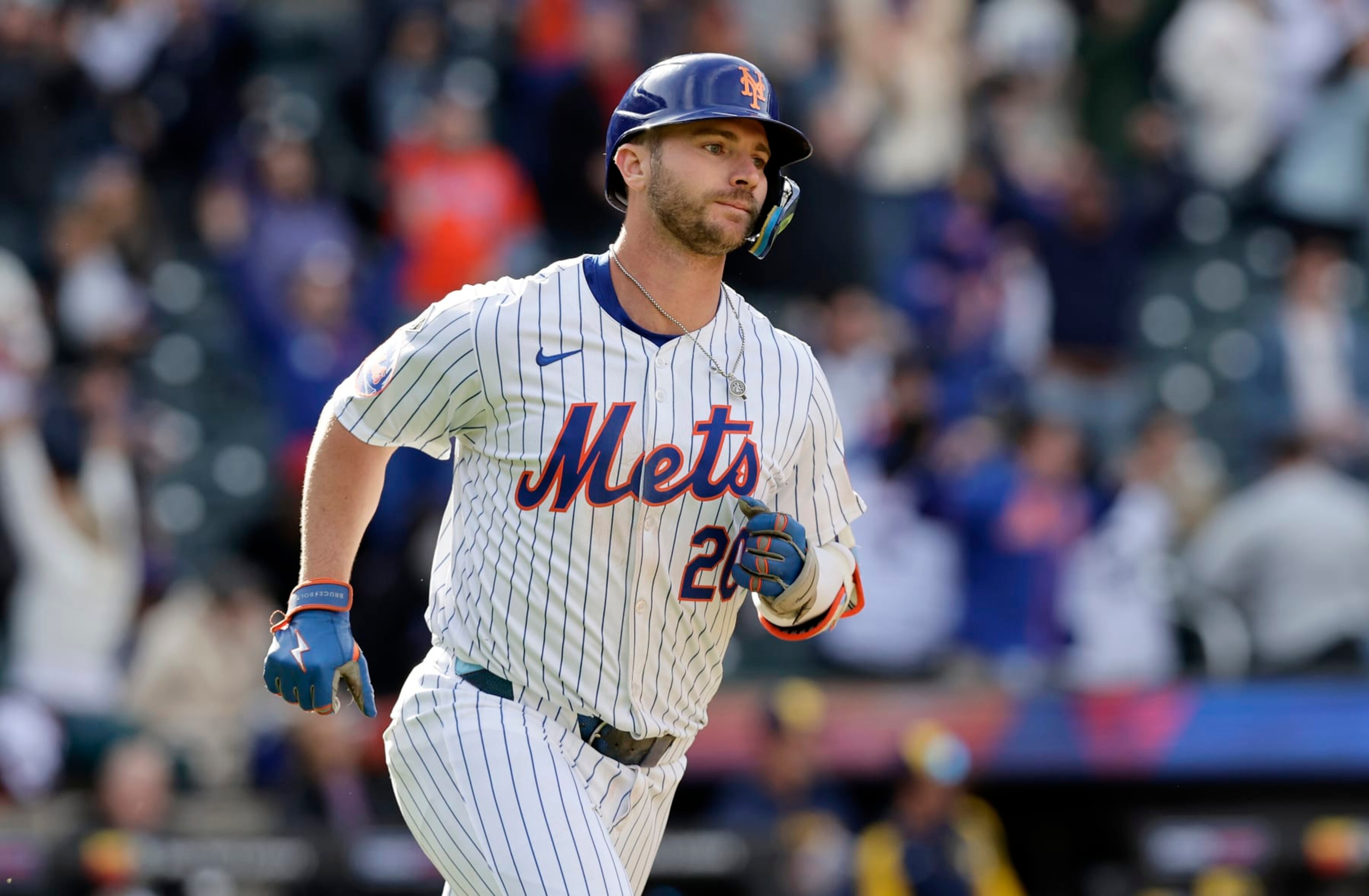 NEW YORK, NEW YORK - MARCH 30: (NEW YORK DAILIES OUT)  Pete Alonso #20 of the New York Mets runs the bases after his ninth inning home run against the Milwaukee Brewers at Citi Field on March 30, 2024 in New York City. The Brewers defeated the Mets 7-6. (Photo by Jim McIsaac/Getty Images)