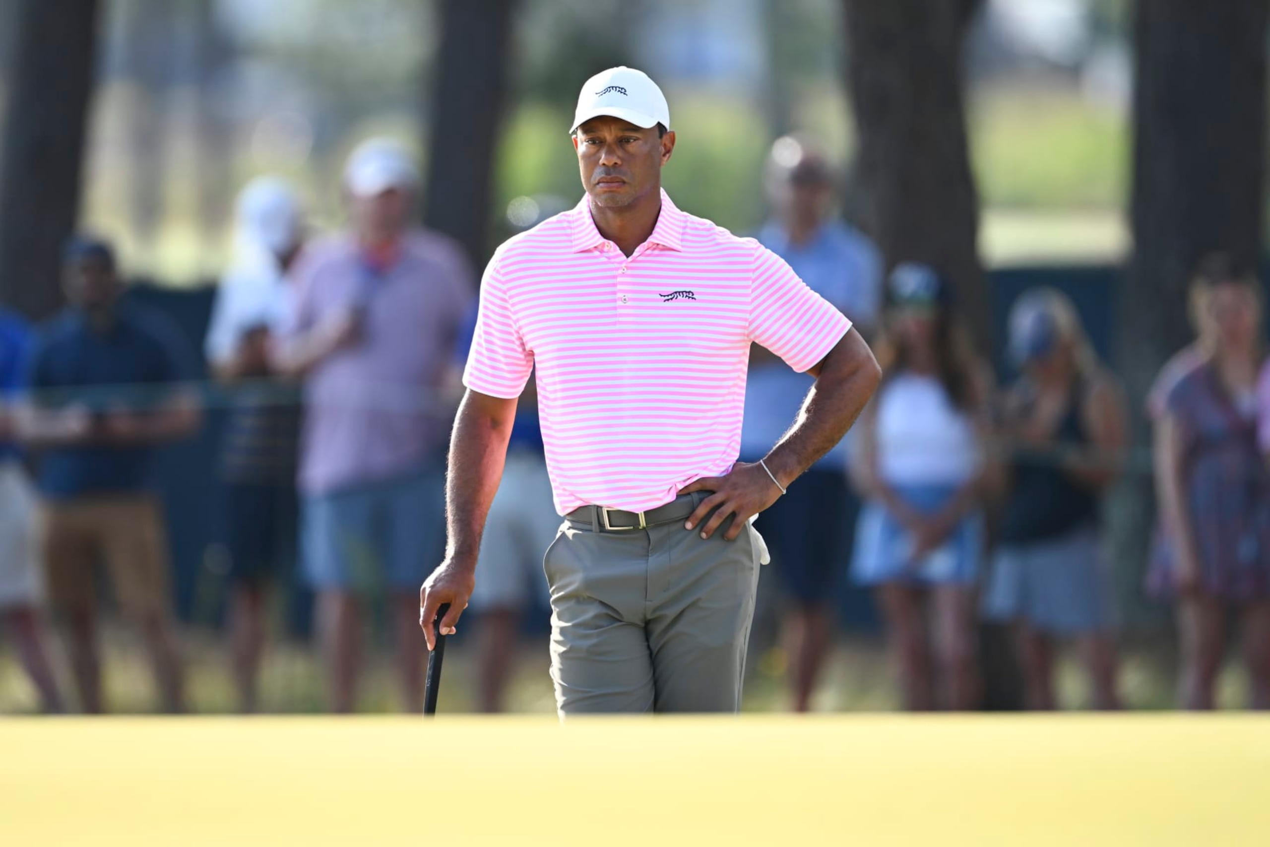 PINEHURST, NORTH CAROLINA - JUNE 13: Tiger Woods waits at the 11th green during the first round of 124th U.S. Open Championship at Pinehurst No. 2 at Pinehurst Resort on June 13, 2024 in Pinehurst, North Carolina. (Photo by Tracy Wilcox/PGA TOUR via Getty Images)