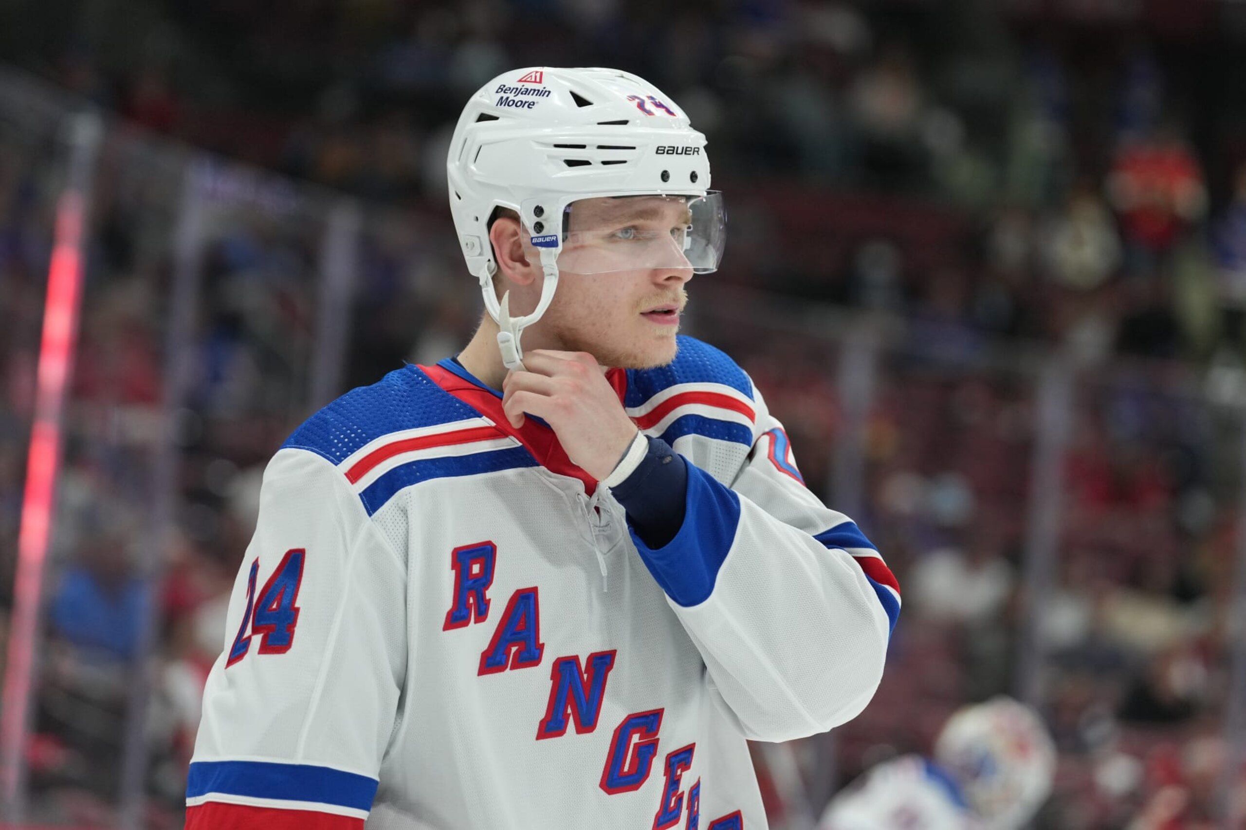 SUNRISE, FL - MAY 26: New York Rangers right wing Kaapo Kakko (24) fixes his helmet strap in the second period during game three of the Eastern Conference Finals between the New York Rangers and the Florida Panthers on Sunday, May 26, 2025 at Amerant Bank Arena in Sunrise, Fla. (Photo by Peter Joneleit/Icon Sportswire via Getty Images) SUNRISE, FL - MAY 26: New York Rangers right wing Kaapo Kakko (24) fixes his helmet strap in the second period during game three of the Eastern Conference Finals between the New York Rangers and the Florida Panthers on Sunday, May 26, 2025 at Amerant Bank Arena in Sunrise, Fla. (Photo by Peter Joneleit/Icon Sportswire via Getty Images)