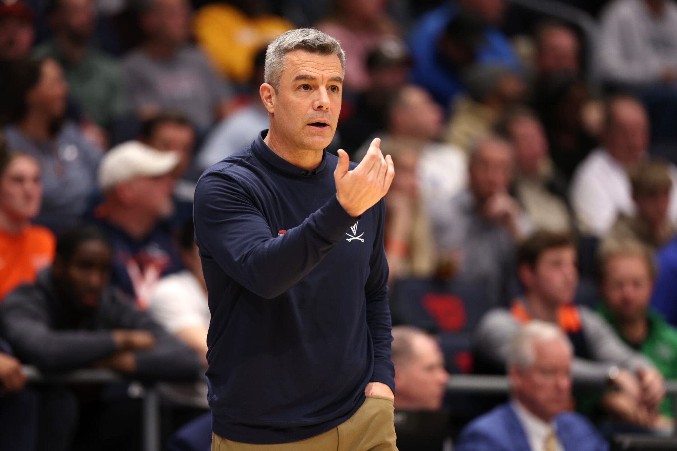 DAYTON, OHIO - MARCH 19: Head coach Tony Bennett of the Virginia Cavaliers reacts during the first half against the Colorado State Rams in the First Four game during the NCAA Men's Basketball Tournament at University of Dayton Arena on March 19, 2024 in Dayton, Ohio. (Photo by Michael Hickey/Getty Images)