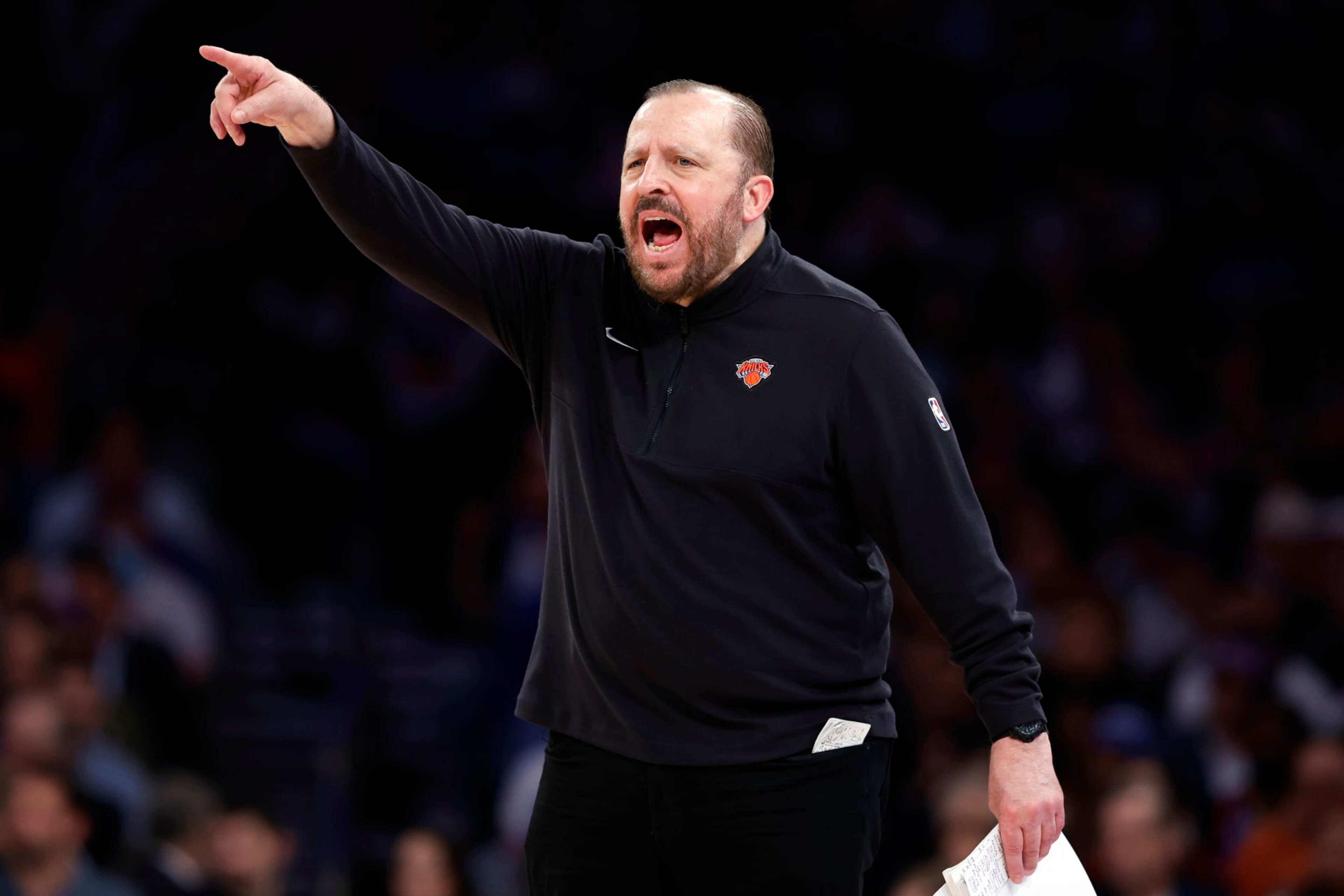 NEW YORK, NEW YORK - MAY 14: Head coach Tom Thibodeau of the New York Knicks directs his team during Game Five of the Eastern Conference Second Round Playoffs against the Indiana Pacers at Madison Square Garden on May 14, 2024 in New York City. The Knicks won 121-91. NOTE TO USER: User expressly acknowledges and agrees that, by downloading and or using this photograph, User is consenting to the terms and conditions of the Getty Images License Agreement. (Photo by Sarah Stier/Getty Images) NEW YORK, NEW YORK - MAY 14: Head coach Tom Thibodeau of the New York Knicks directs his team during Game Five of the Eastern Conference Second Round Playoffs against the Indiana Pacers at Madison Square Garden on May 14, 2024 in New York City. The Knicks won 121-91. NOTE TO USER: User expressly acknowledges and agrees that, by downloading and or using this photograph, User is consenting to the terms and conditions of the Getty Images License Agreement. (Photo by Sarah Stier/Getty Images)