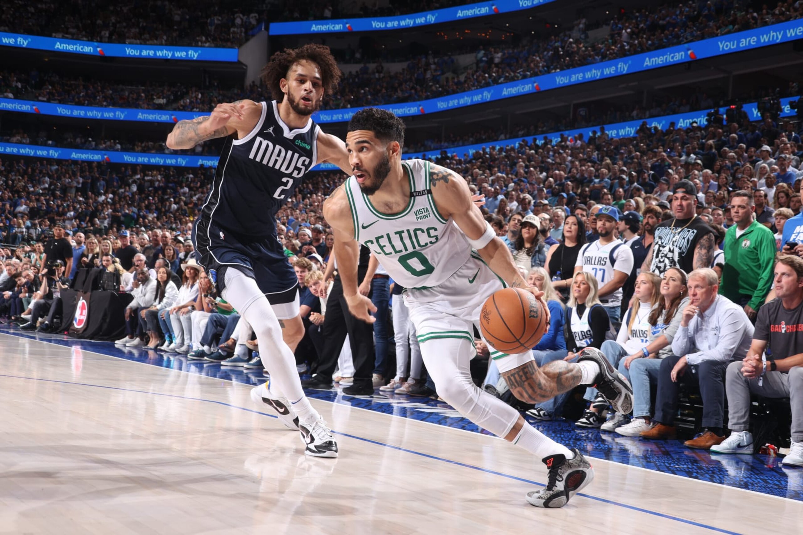 DALLAS, TX - JUNE 12: Jayson Tatum #0 of the Boston Celtics drives to the basket during the game against the Dallas Mavericks during Game 3 of the 2024 NBA Finals on June 12, 2024 at the American Airlines Center in Dallas, Texas. NOTE TO USER: User expressly acknowledges and agrees that, by downloading and or using this photograph, User is consenting to the terms and conditions of the Getty Images License Agreement. Mandatory Copyright Notice: Copyright 2024 NBAE (Photo by Nathaniel S. Butler/NBAE via Getty Images)