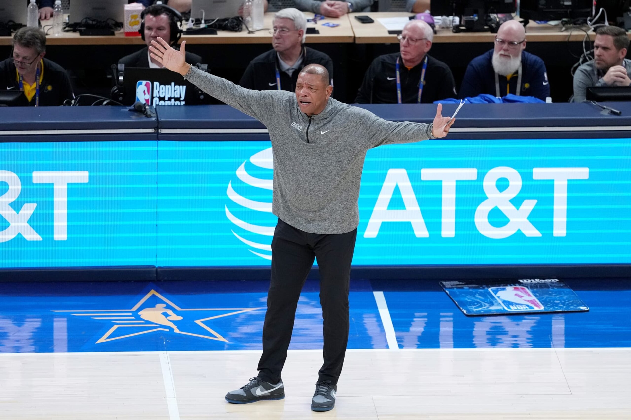 INDIANAPOLIS, INDIANA - APRIL 28: Milwaukee Bucks head coach Doc Rivers reacts during Game Four of the Eastern Conference First Round Playoffs against the Indiana Pacers at Gainbridge Fieldhouse on April 28, 2024 in Indianapolis, Indiana. NOTE TO USER: User expressly acknowledges and agrees that, by downloading and or using this photograph, User is consenting to the terms and conditions of the Getty Images License Agreement. (Photo by Emilee Chinn/Getty Images)
