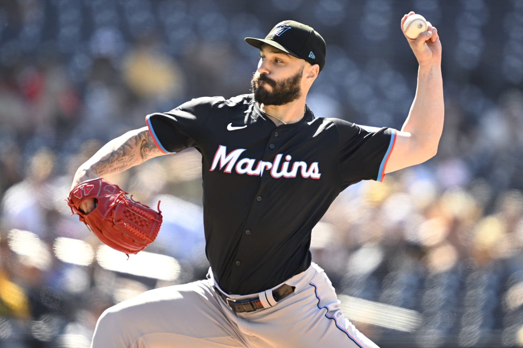 SAN DIEGO, CALIFORNIA - MAY 29: Tanner Scott #66 of the Miami Marlins pitches against the San Diego Padres during the ninth inning at Petco Park on May 29, 2024 in San Diego, California. (Photo by Orlando Ramirez/Getty Images)