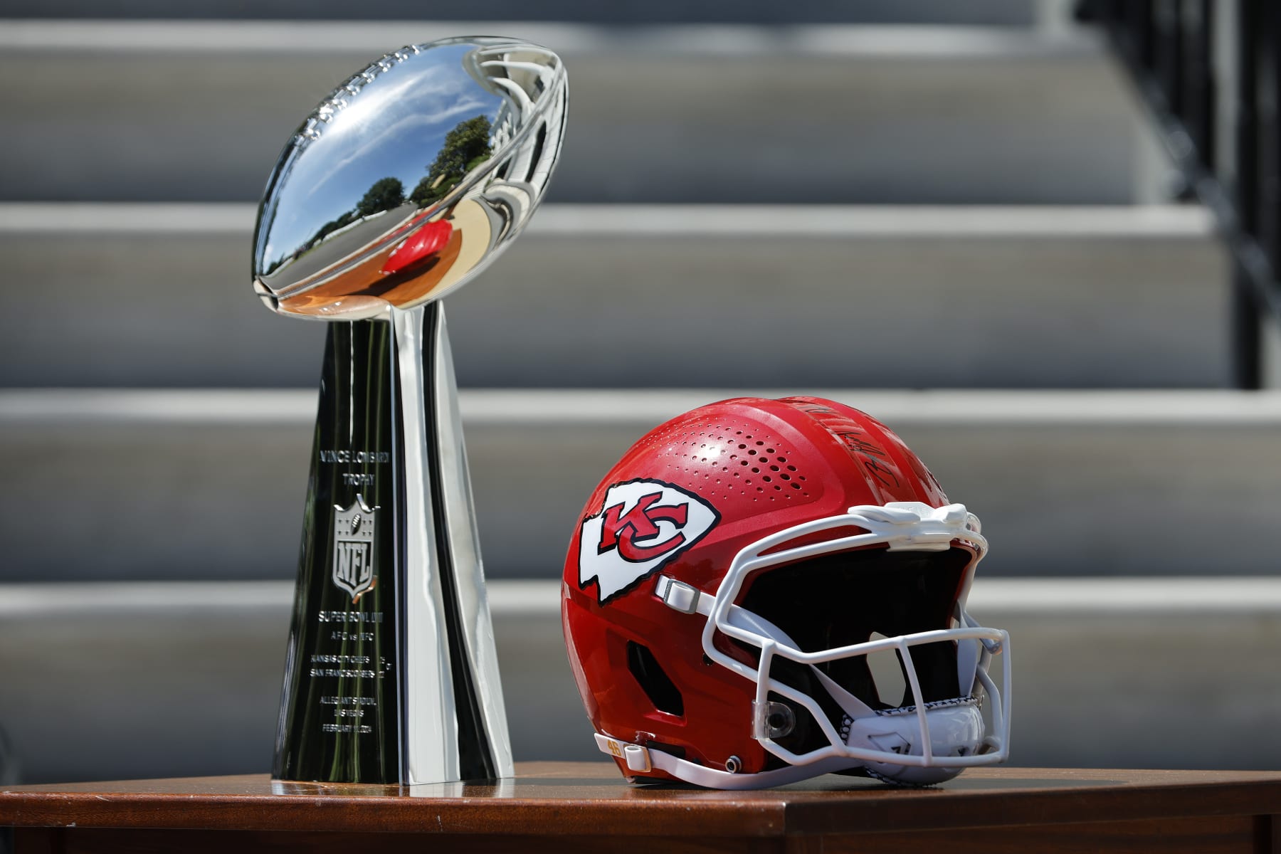 WASHINGTON, DC - MAY 31: The Vince Lombardy trophy and an autographed helmet are prepared for U.S. President Joe Biden hosting the NFL Super Bowl champions Kansas City Chiefs on the South Lawn of the White House on May 31, 2024 in Washington, DC. The Chiefs defeated the San Francisco 49ers 25-22 in overtime to win the 2024 Super Bowl. (Photo by Chip Somodevilla/Getty Images)