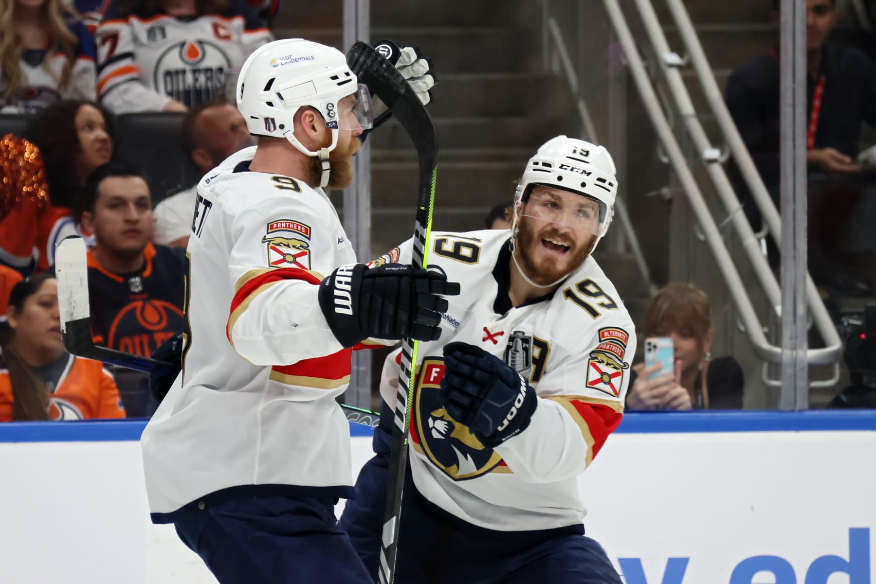 EDMONTON, CANADA - JUNE 13: Sam Bennett #9 and Matthew Tkachuk #19 of the Florida Panthers celebrate after Bennett's goal against the Edmonton Oilers during the second period of Game Three of the 2024 Stanley Cup Final at Rogers Place on June 13, 2024 in Edmonton, Alberta, Canada.  (Photo by Bruce Bennett/Getty Images)