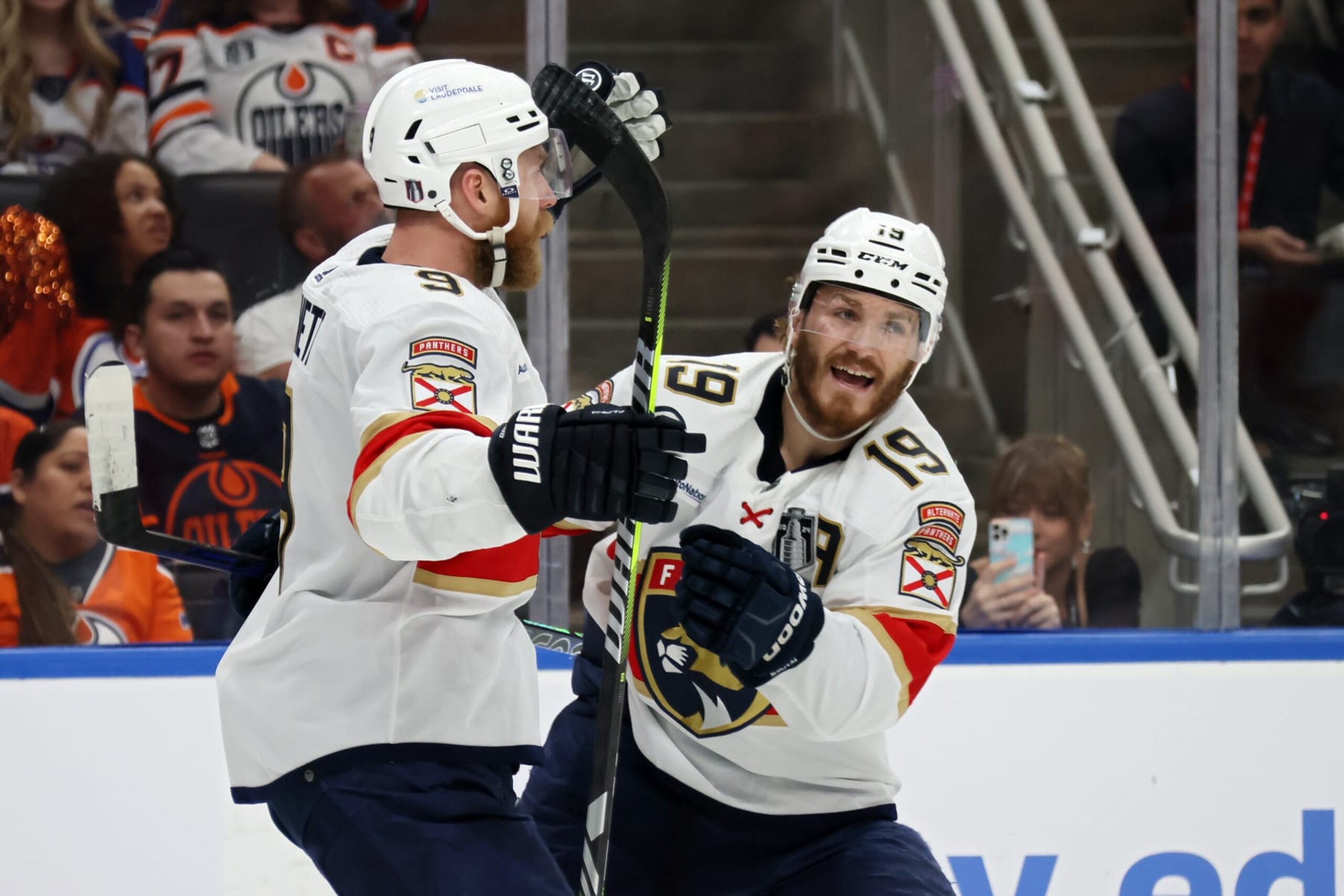EDMONTON, CANADA - JUNE 13: Sam Bennett #9 and Matthew Tkachuk #19 of the Florida Panthers celebrate after Bennett's goal against the Edmonton Oilers during the second period of Game Three of the 2024 Stanley Cup Final at Rogers Place on June 13, 2024 in Edmonton, Alberta, Canada.  (Photo by Bruce Bennett/Getty Images)