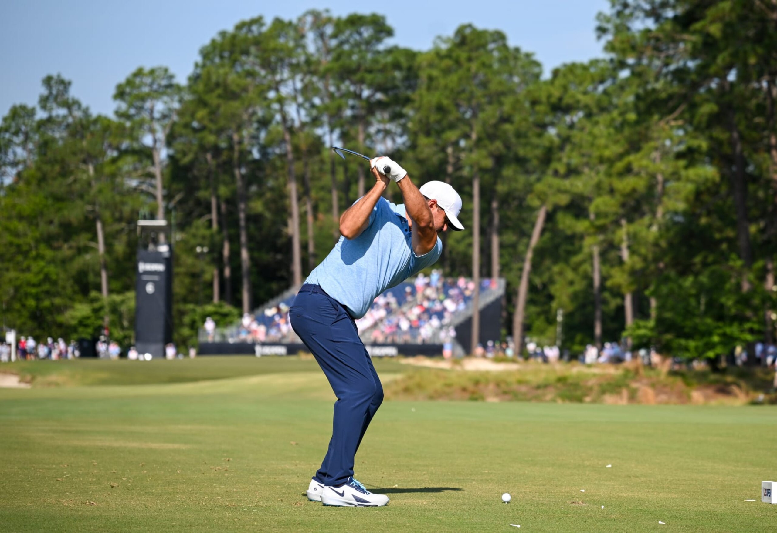PINEHURST, NORTH CAROLINA - JUNE 13: Brooks Koepka of the United States plays his shot from the sixth tee during the first round of the 124th U.S. Open at Pinehurst Resort on June 13, 2024 in Pinehurst, North Carolina. (Photo by Ross Kinnaird/Getty Images)