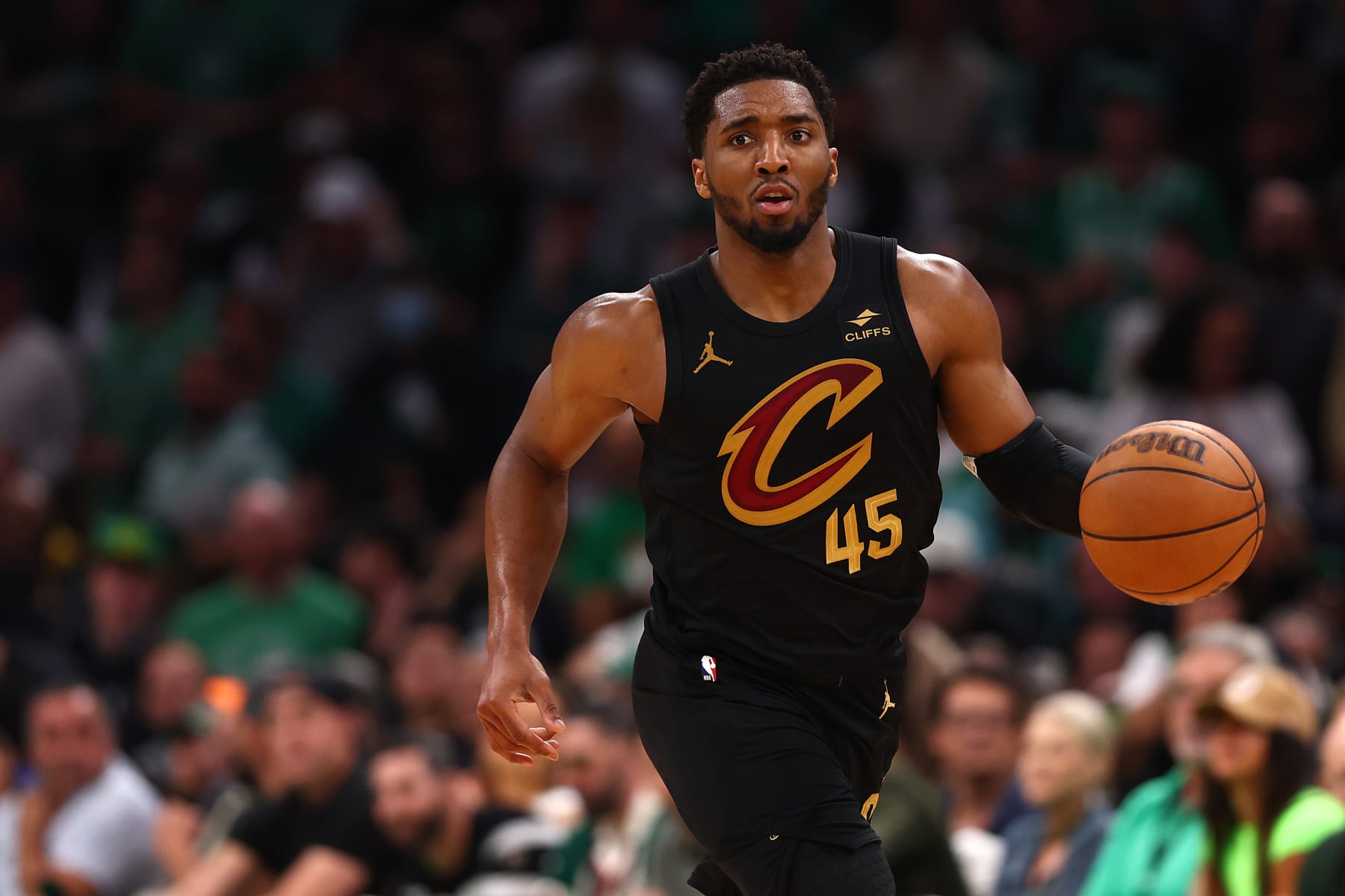 BOSTON, MASSACHUSETTS - MAY 07: Donovan Mitchell #45 of the Cleveland Cavaliers dribbles against the Boston Celtics during Game One of the Eastern Conference Second Round Playoffs against the Cleveland Cavaliers at TD Garden on May 07, 2024 in Boston, Massachusetts. (NOTE TO USER: User expressly acknowledges and agrees that, by downloading and or using this photograph, User is consenting to the terms and conditions of the Getty Images License Agreement.  (Photo by Maddie Meyer/Getty Images)