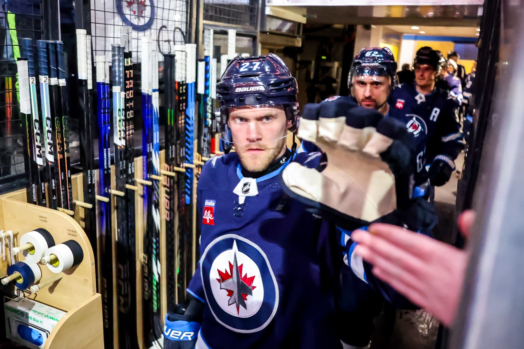 WINNIPEG, CANADA - APRIL 16: Nikolaj Ehlers #27 of the Winnipeg Jets heads to the ice for the pre-game warm up prior to NHL action against the Seattle Kraken at the Canada Life Centre on April 16, 2024 in Winnipeg, Manitoba, Canada. (Photo by Jonathan Kozub/NHLI via Getty Images)