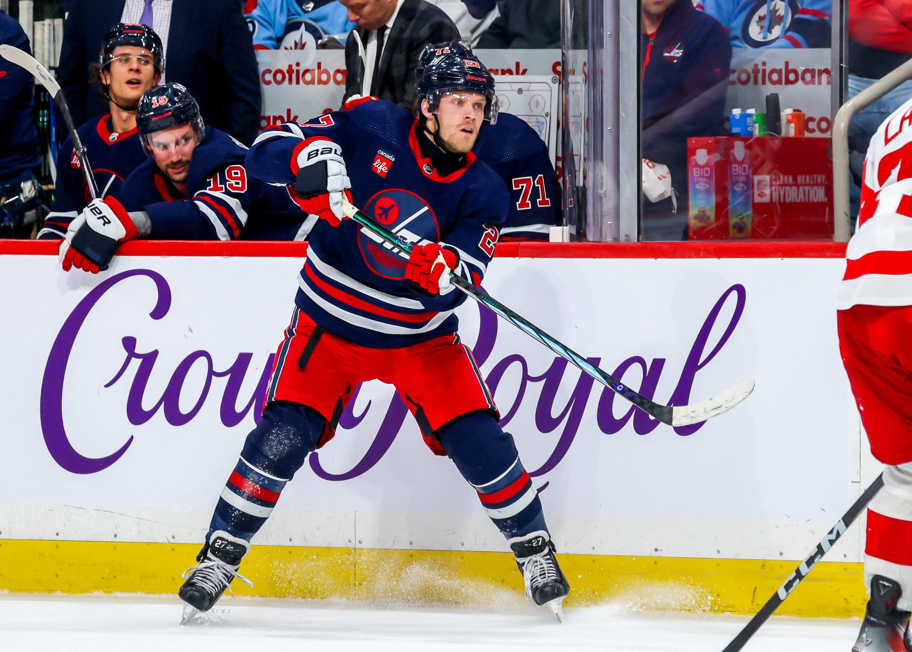 WINNIPEG, CANADA - DECEMBER 20: Nikolaj Ehlers #27 of the Winnipeg Jets skates during second period action against the Detroit Red Wings at Canada Life Centre on December 20, 2023 in Winnipeg, Manitoba, Canada. (Photo by Jonathan Kozub/NHLI via Getty Images)