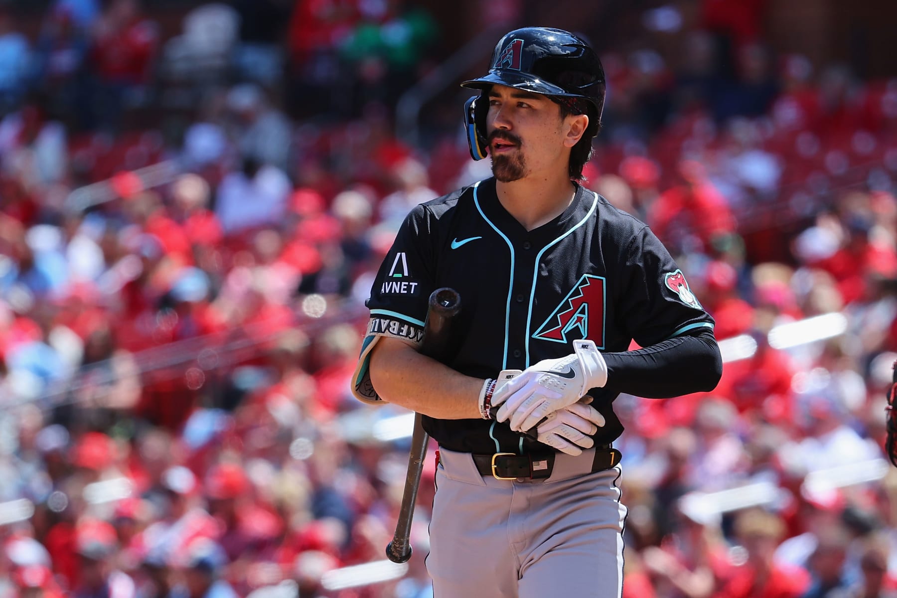 ST LOUIS, MISSOURI - APRIL 24: Corbin Carroll #7 of the Arizona Diamondbacks returns to the dugout after striking out against the St. Louis Cardinals in the sixth inning at Busch Stadium on April 24, 2024 in St Louis, Missouri. (Photo by Dilip Vishwanat/Getty Images)