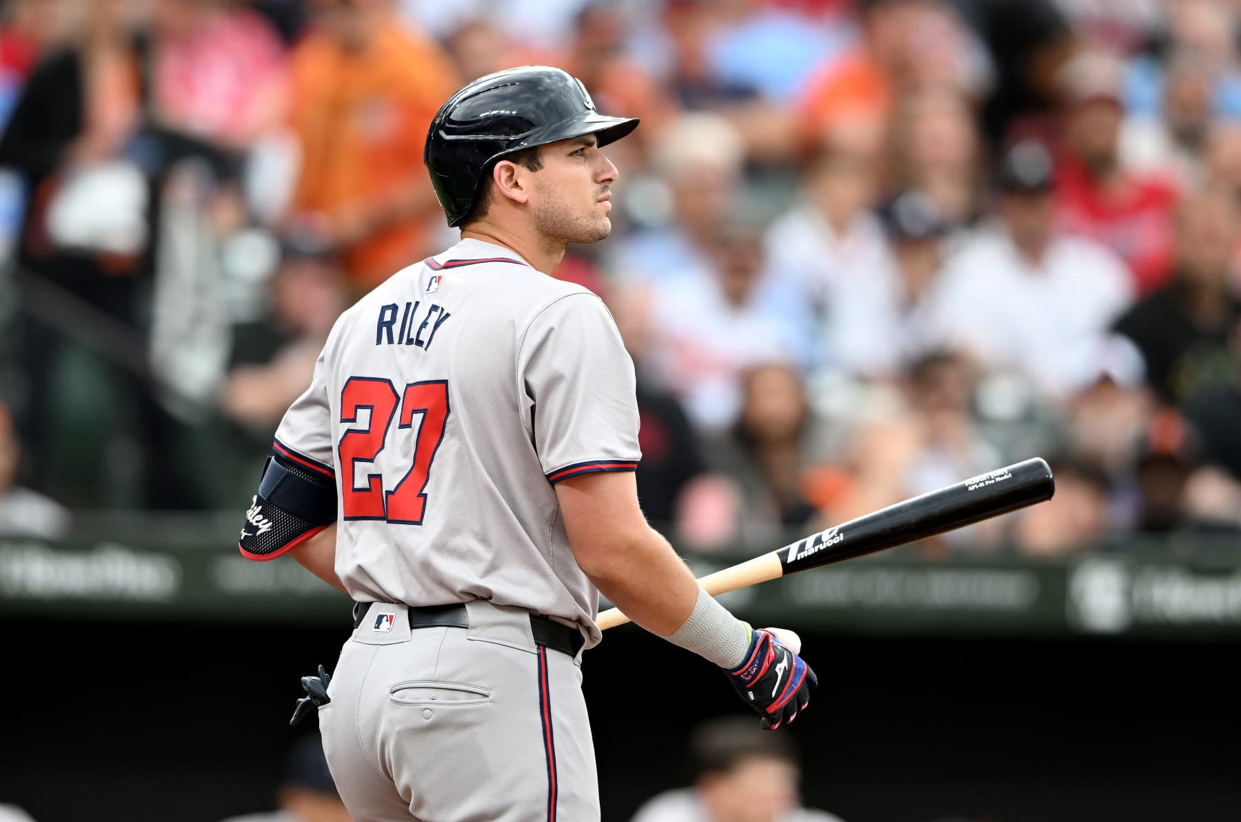 BALTIMORE, MARYLAND - JUNE 11: Austin Riley #27 of the Atlanta Braves reacts after striking out in the first inning against the Baltimore Orioles at Oriole Park at Camden Yards on June 11, 2024 in Baltimore, Maryland. (Photo by Greg Fiume/Getty Images)