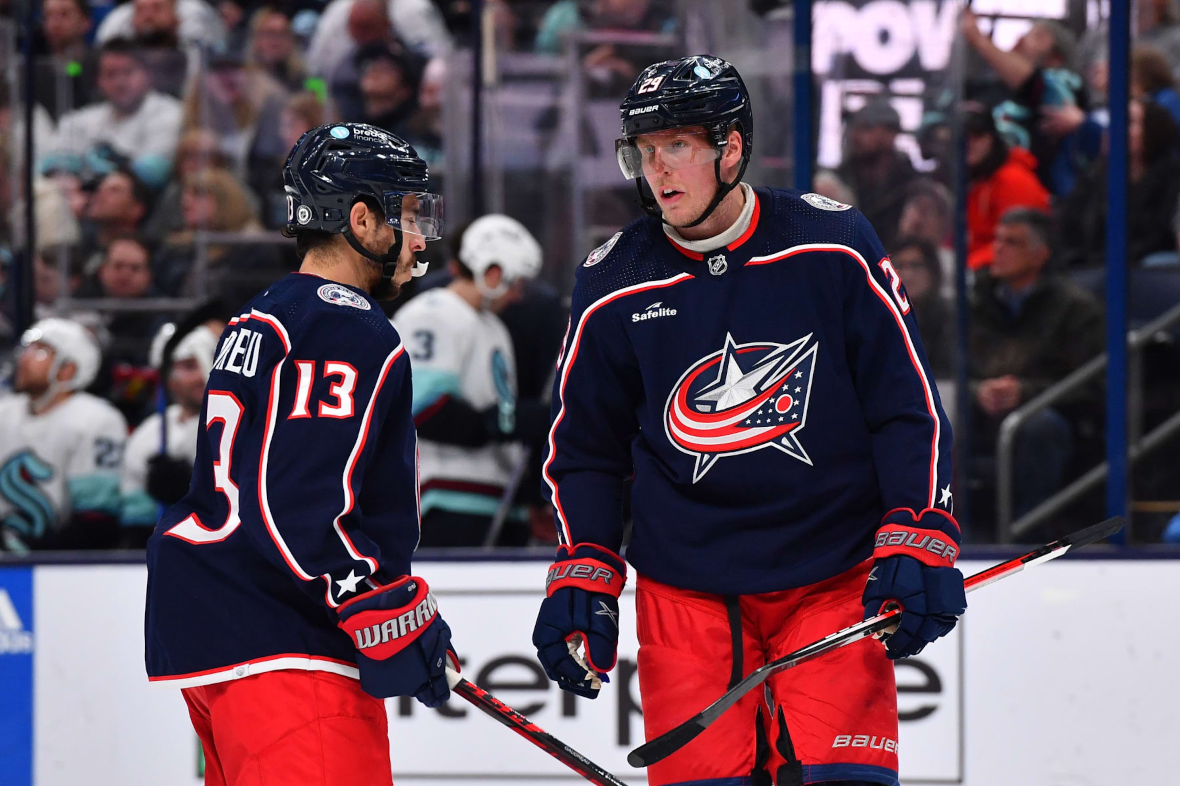COLUMBUS, OHIO - MARCH 3: Patrik Laine #29 of the Columbus Blue Jackets talks with teammate Johnny Gaudreau #13 of the Columbus Blue Jackets during the first period of a game against the Seattle Kraken at Nationwide Arena on March 3, 2023 in Columbus, Ohio. (Photo by Ben Jackson/NHLI via Getty Images) COLUMBUS, OHIO - MARCH 3: Patrik Laine #29 of the Columbus Blue Jackets talks with teammate Johnny Gaudreau #13 of the Columbus Blue Jackets during the first period of a game against the Seattle Kraken at Nationwide Arena on March 3, 2023 in Columbus, Ohio. (Photo by Ben Jackson/NHLI via Getty Images)