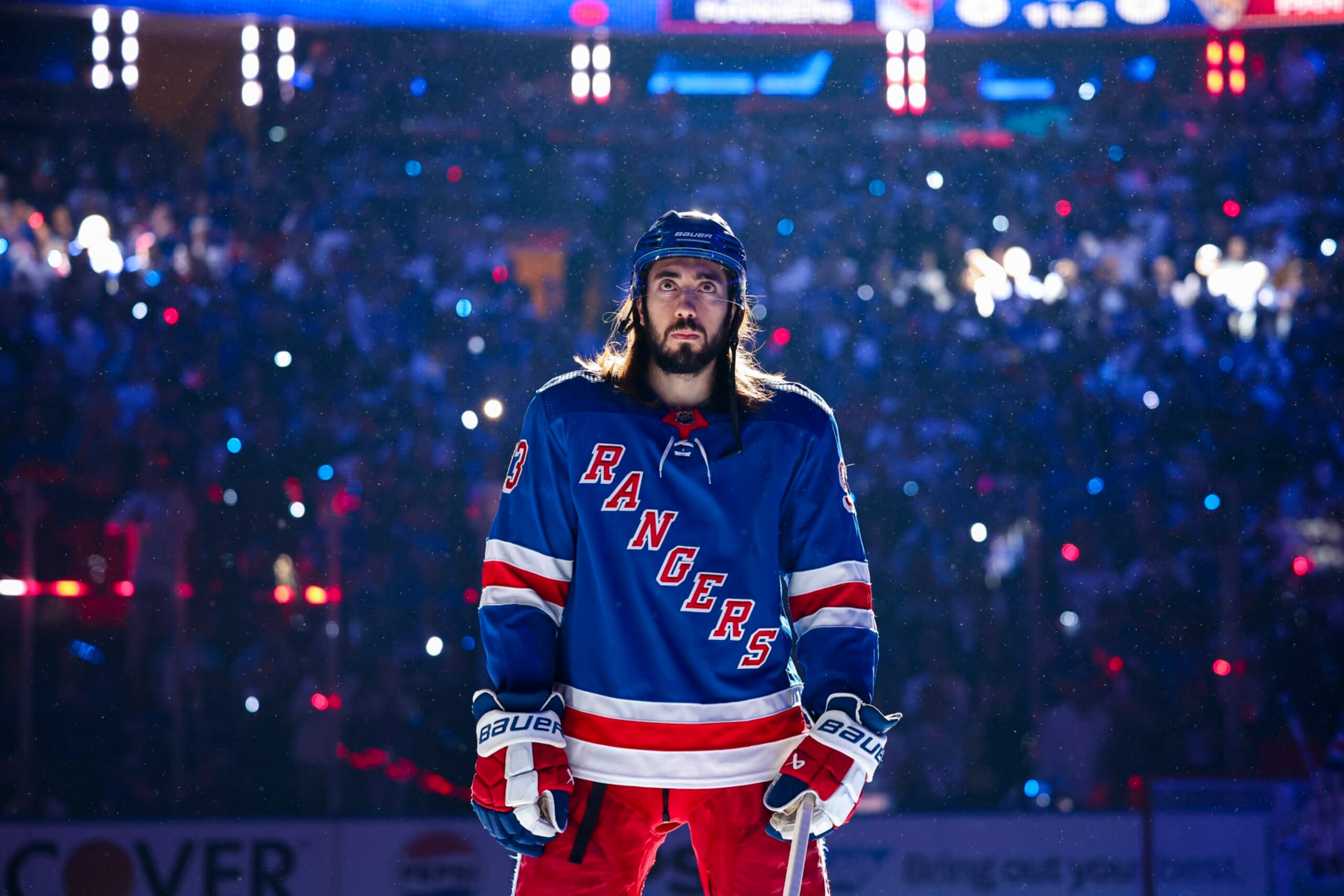 NEW YORK, NY - MAY 24: Mika Zibanejad #93 of the New York Rangers on the ice during the anthem period to the game against the Florida Panthers in Game Two of the Eastern Conference Final of the 2024 Stanley Cup Playoffs at Madison Square Garden on May 24, 2024 in New York City. (Photo by Jared Silber/NHLI via Getty Images)