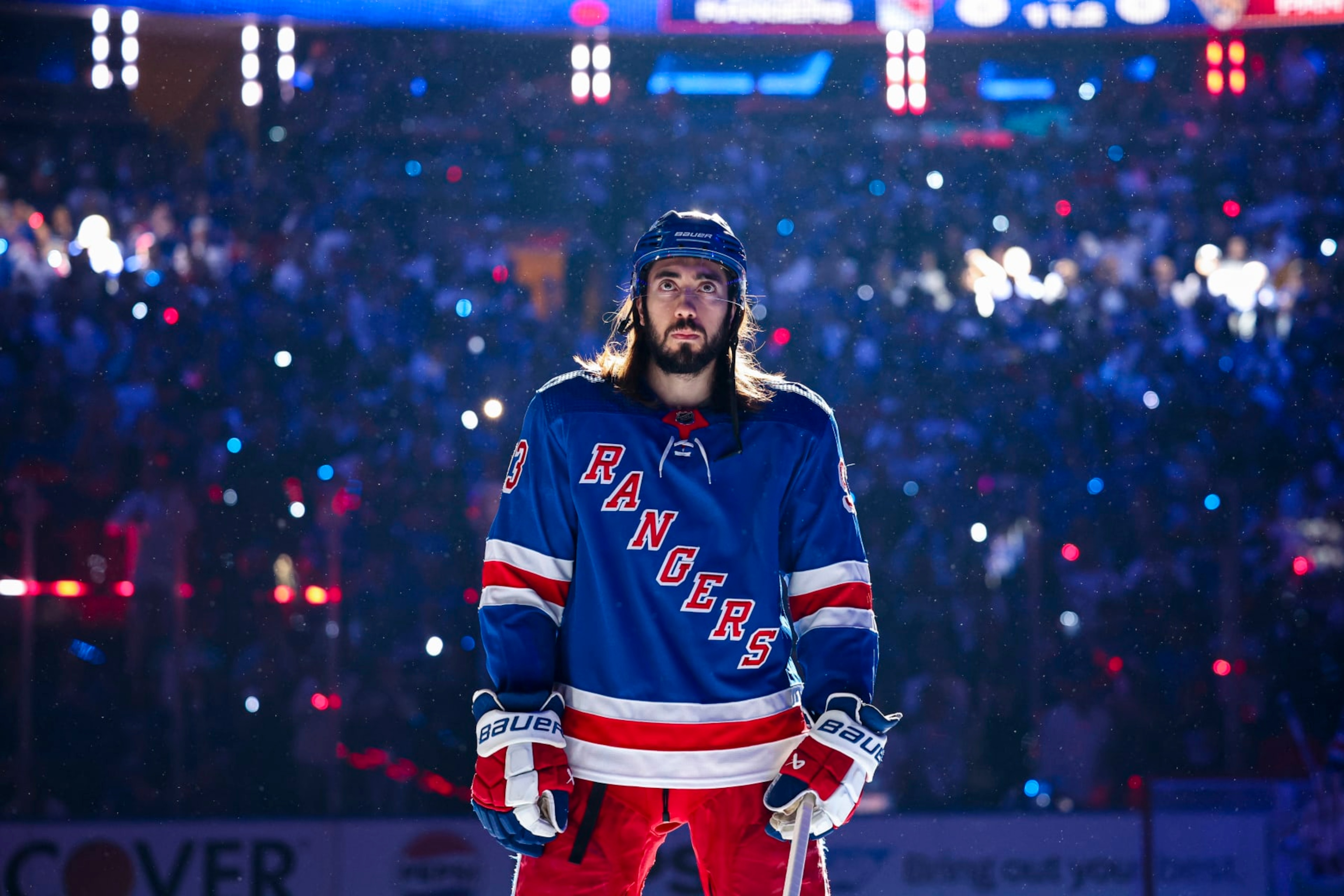 NEW YORK, NY - MAY 24: Mika Zibanejad #93 of the New York Rangers on the ice during the anthem period to the game against the Florida Panthers in Game Two of the Eastern Conference Final of the 2024 Stanley Cup Playoffs at Madison Square Garden on May 24, 2024 in New York City. (Photo by Jared Silber/NHLI via Getty Images) NEW YORK, NY - MAY 24: Mika Zibanejad #93 of the New York Rangers on the ice during the anthem period to the game against the Florida Panthers in Game Two of the Eastern Conference Final of the 2024 Stanley Cup Playoffs at Madison Square Garden on May 24, 2024 in New York City. (Photo by Jared Silber/NHLI via Getty Images)