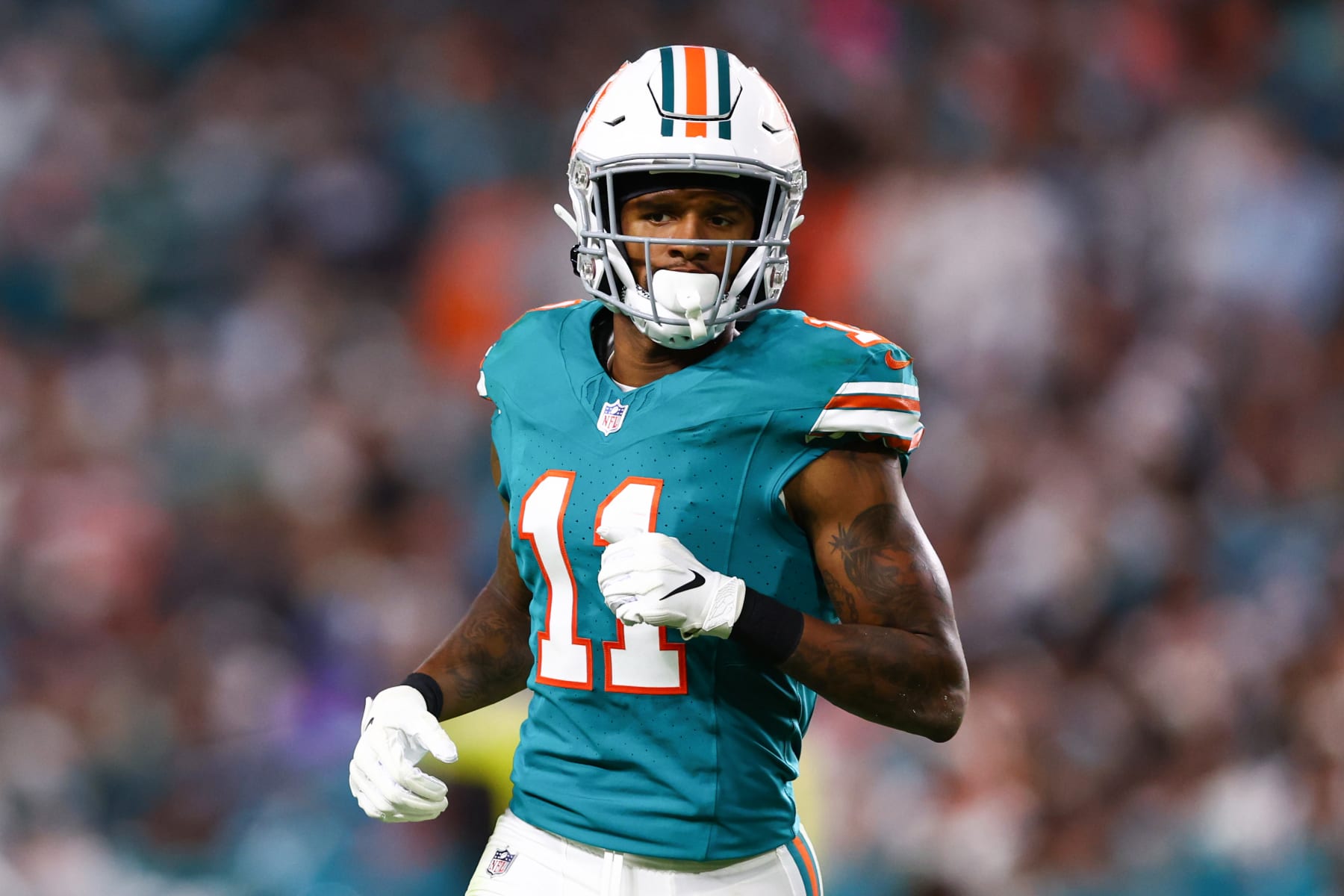 MIAMI GARDENS, FLORIDA - DECEMBER 24: Cedrick Wilson Jr. #11 of the Miami Dolphins looks on against the Dallas Cowboys during the second half of the game at Hard Rock Stadium on December 24, 2023 in Miami Gardens, Florida. (Photo by Megan Briggs/Getty Images)