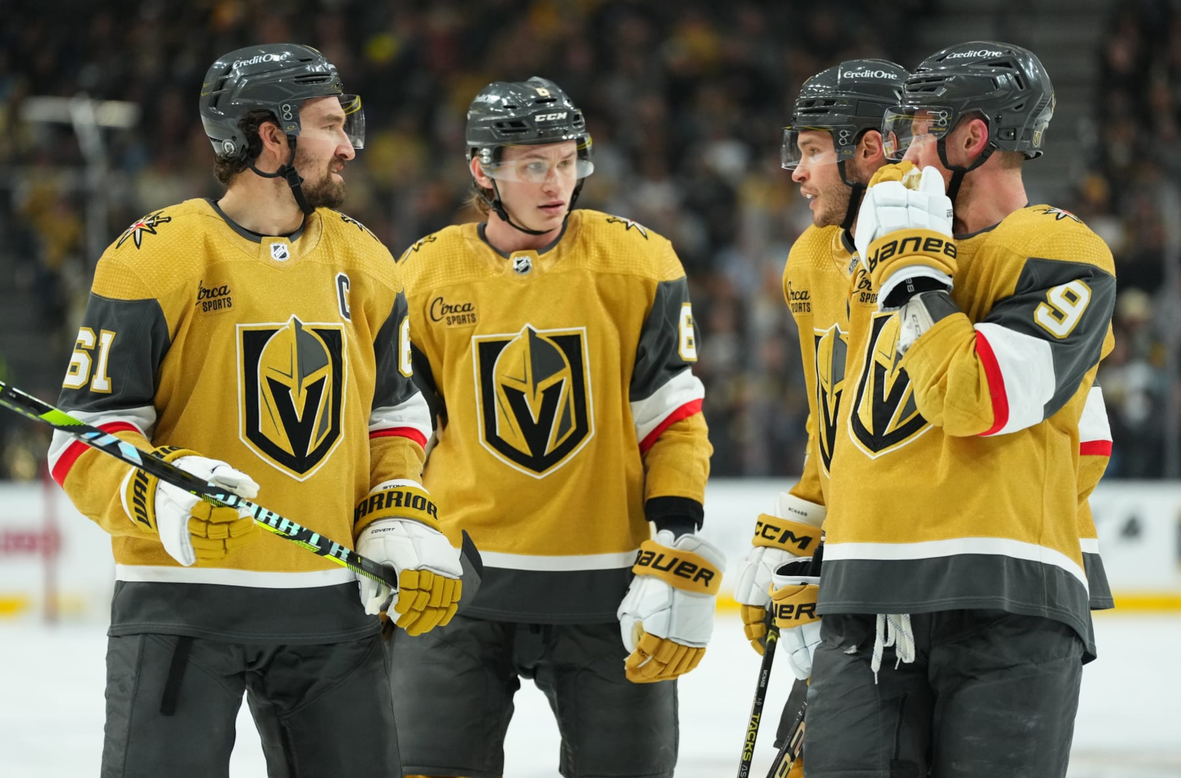 LAS VEGAS, NEVADA - JANUARY 11: Jack Eichel #9 of the Vegas Golden Knights talks with teammates during the first period against the Boston Bruins at T-Mobile Arena on January 11, 2024 in Las Vegas, Nevada. (Photo by Jeff Bottari/NHLI via Getty Images) LAS VEGAS, NEVADA - JANUARY 11: Jack Eichel #9 of the Vegas Golden Knights talks with teammates during the first period against the Boston Bruins at T-Mobile Arena on January 11, 2024 in Las Vegas, Nevada. (Photo by Jeff Bottari/NHLI via Getty Images)