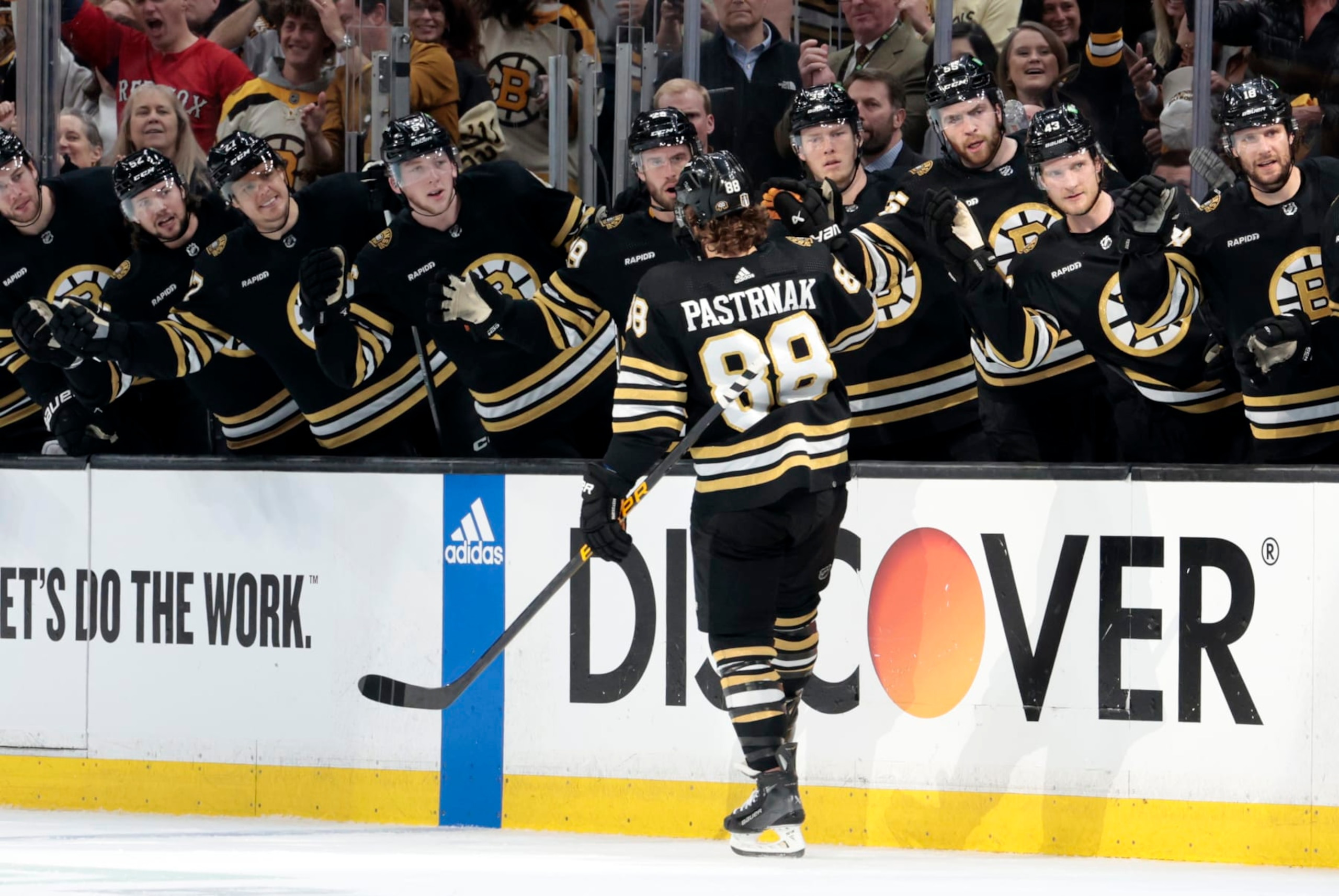 BOSTON, MA - MAY 12: Boston Bruins right wing David Pastrnak (88) passes the bench after opening the scoring during Game 4 of the Eastern Conference Second Round playoffs between the Boston Bruins and the Florida Panthers  on May 12 2024, at TD Garden in Boston, Massachusetts.(Photo by Fred Kfoury III/Icon Sportswire via Getty Images)