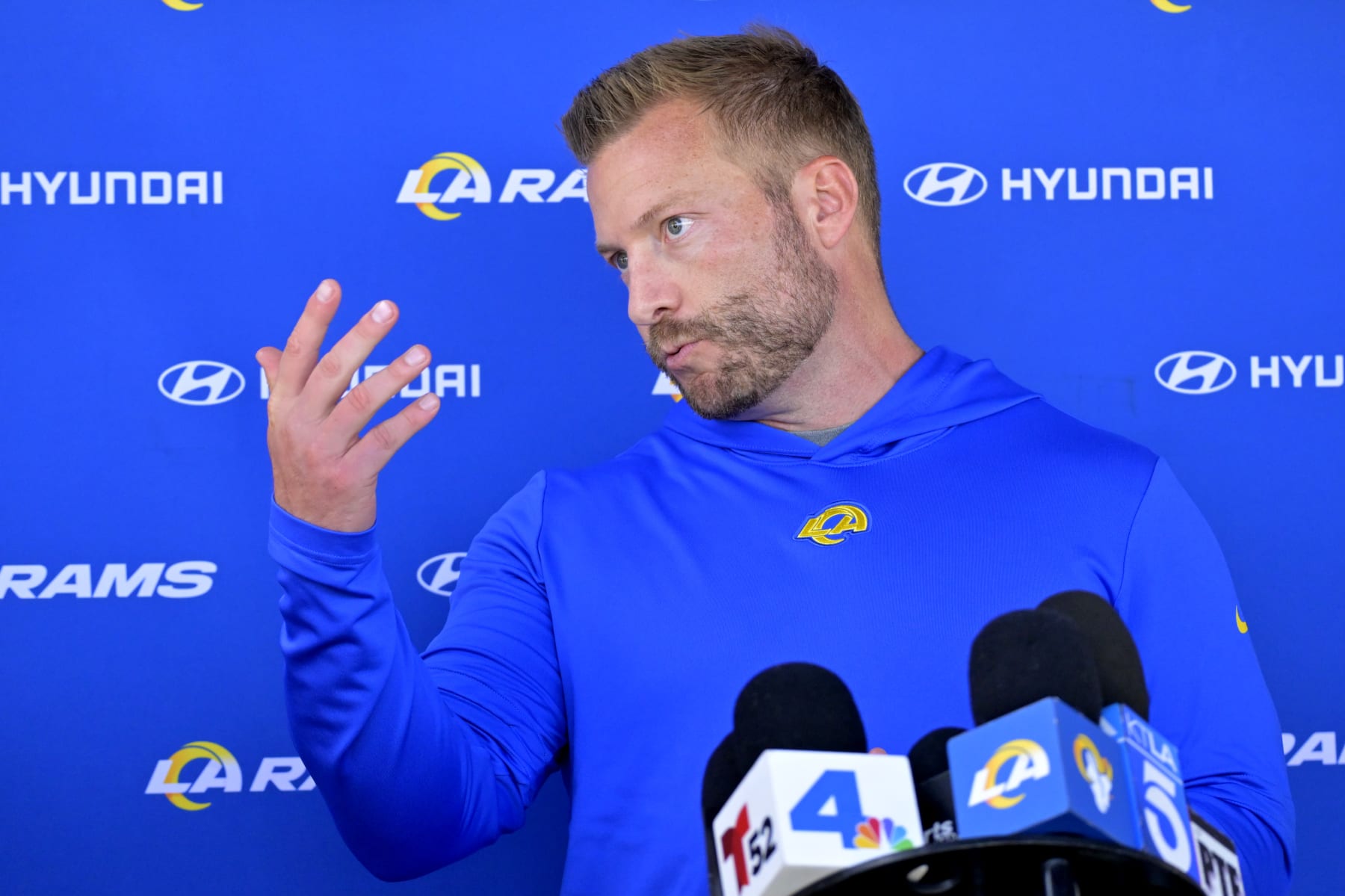 THOUSAND OAKS, CALIFORNIA - MAY 21: Head coach Sean McVay of the Los Angeles Rams talks to the media following OTAs on May 21, 2024 at Cal Lutheran University in Thousand Oaks, California. (Photo by Jayne Kamin-Oncea/Getty Images)