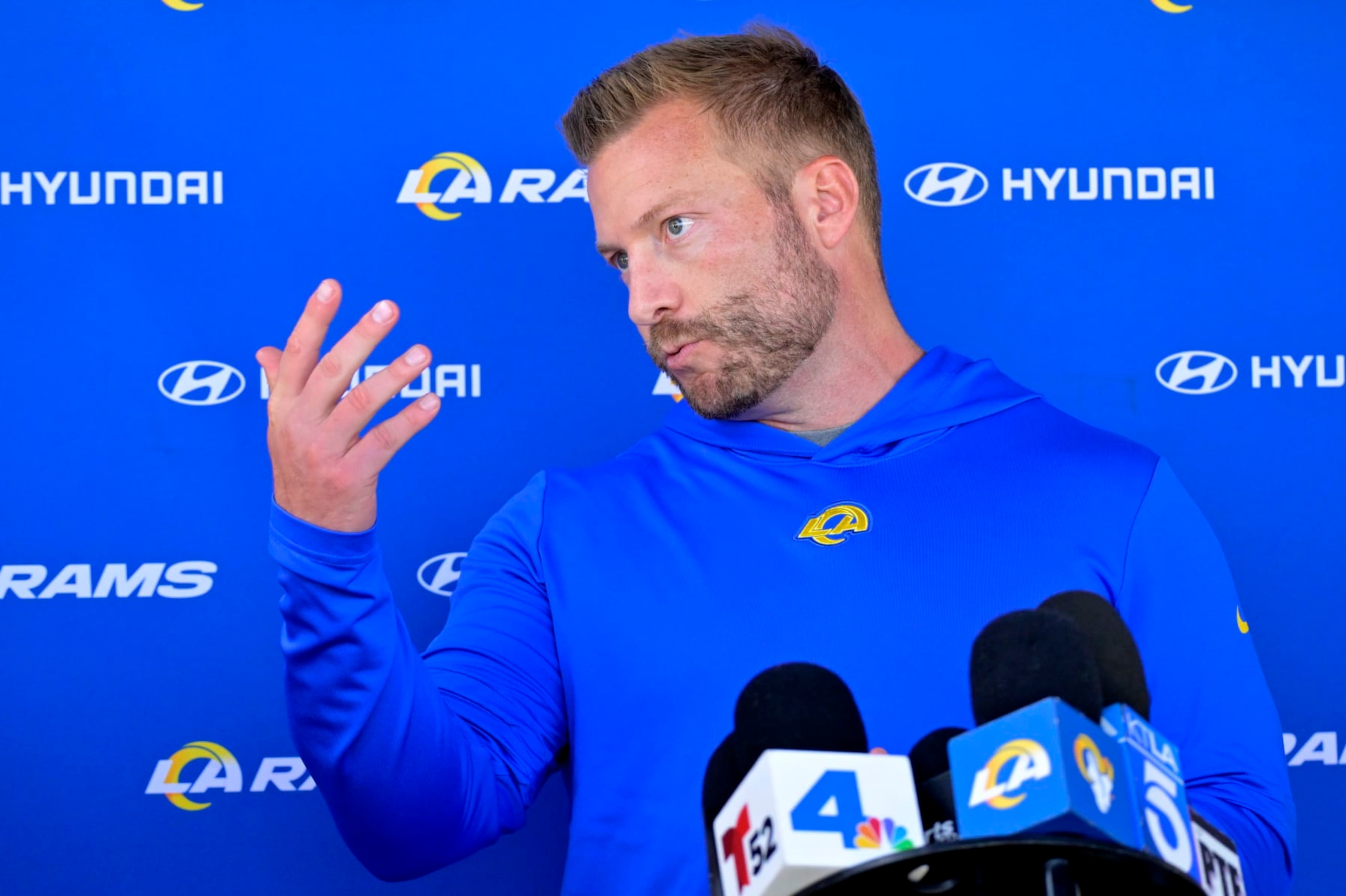 THOUSAND OAKS, CALIFORNIA - MAY 21: Head coach Sean McVay of the Los Angeles Rams talks to the media following OTAs on May 21, 2024 at Cal Lutheran University in Thousand Oaks, California. (Photo by Jayne Kamin-Oncea/Getty Images)