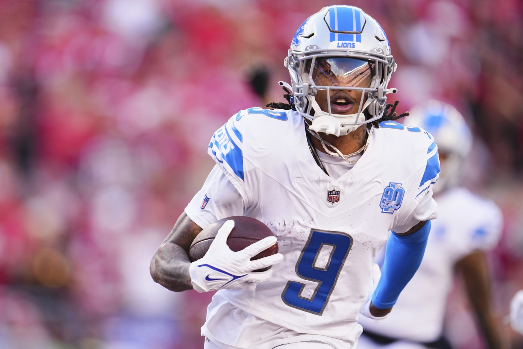 SANTA CLARA, CA - JANUARY 28: Jameson Williams #9 of the Detroit Lions scores a touchdown against the San Francisco 49ers during the first half of the NFC Championship football game at Levi's Stadium on January 28, 2024 in Santa Clara, California. (Photo by Cooper Neill/Getty Images)