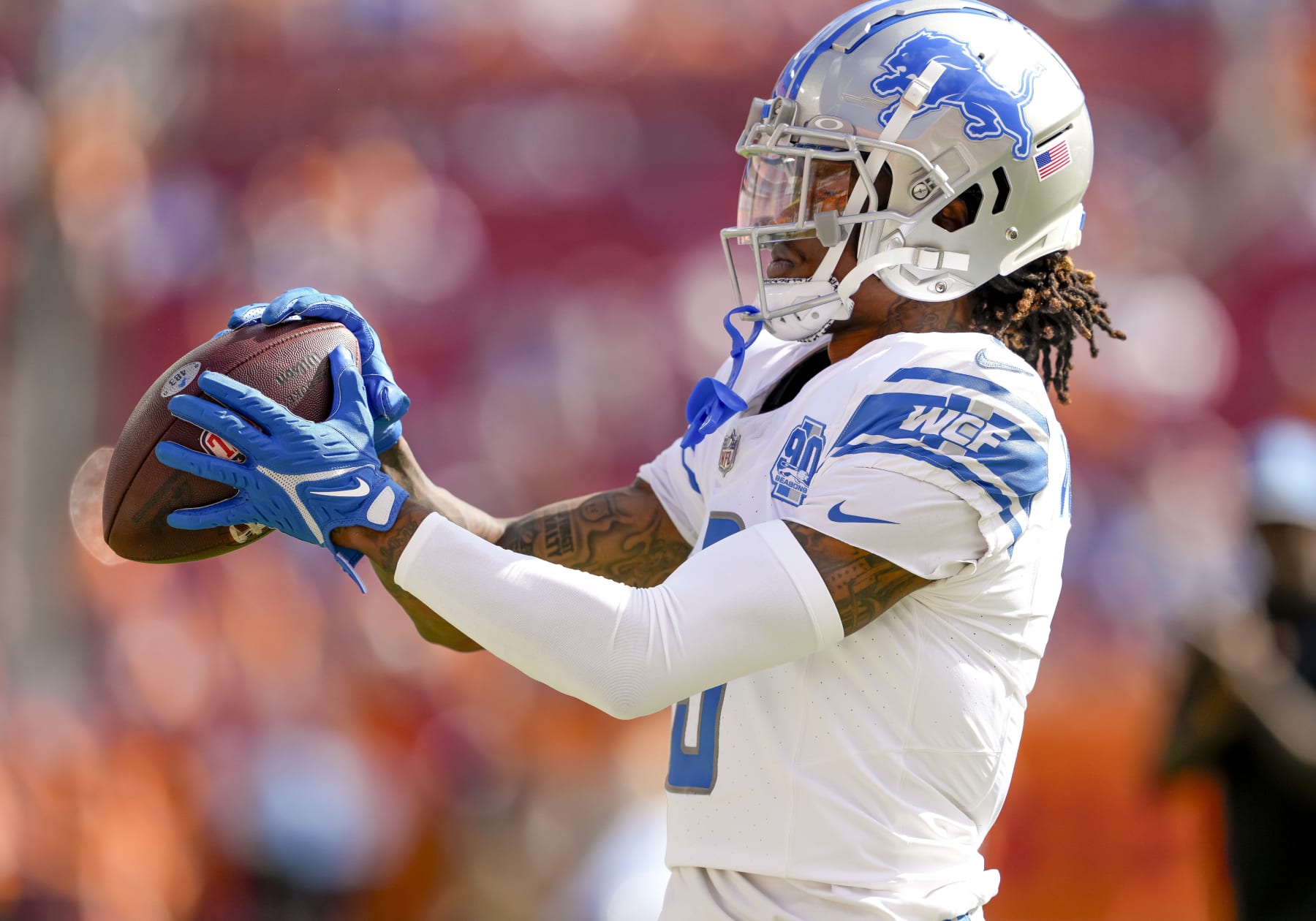 TAMPA, FL - OCTOBER 15: Detroit Lions wide receiver Antoine Green (80) during warmups of  the NFL Football match between the Tampa Bay Bucs and Detroit Lions on October 15th 2023 at Raymond James Stadium, Tampa FL. (Photo by Andrew Bershaw/Icon Sportswire via Getty Images)