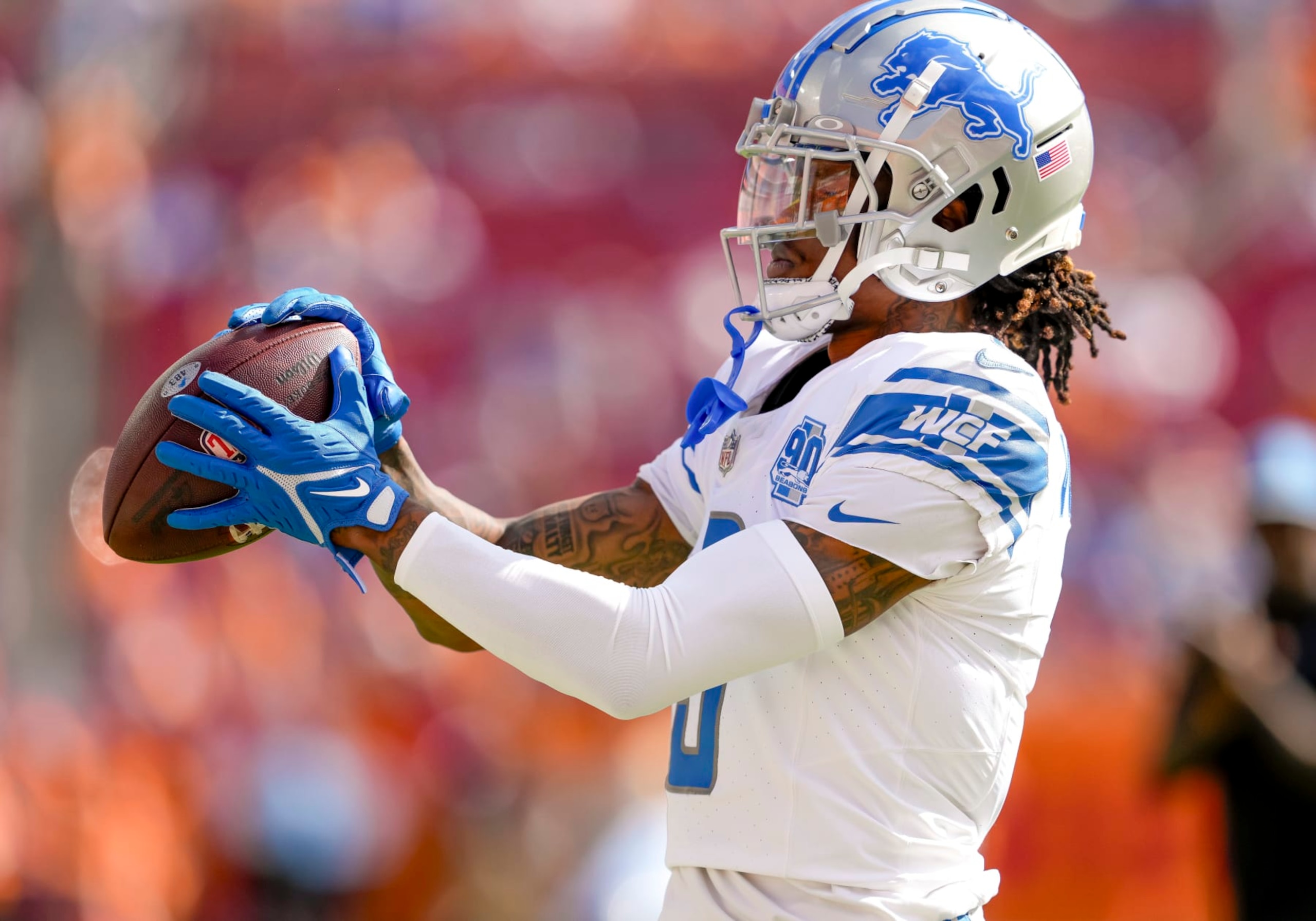 TAMPA, FL - OCTOBER 15: Detroit Lions wide receiver Antoine Green (80) during warmups of the NFL Football match between the Tampa Bay Bucs and Detroit Lions on October 15th 2023 at Raymond James Stadium, Tampa FL. (Photo by Andrew Bershaw/Icon Sportswire via Getty Images) TAMPA, FL - OCTOBER 15: Detroit Lions wide receiver Antoine Green (80) during warmups of the NFL Football match between the Tampa Bay Bucs and Detroit Lions on October 15th 2023 at Raymond James Stadium, Tampa FL. (Photo by Andrew Bershaw/Icon Sportswire via Getty Images)