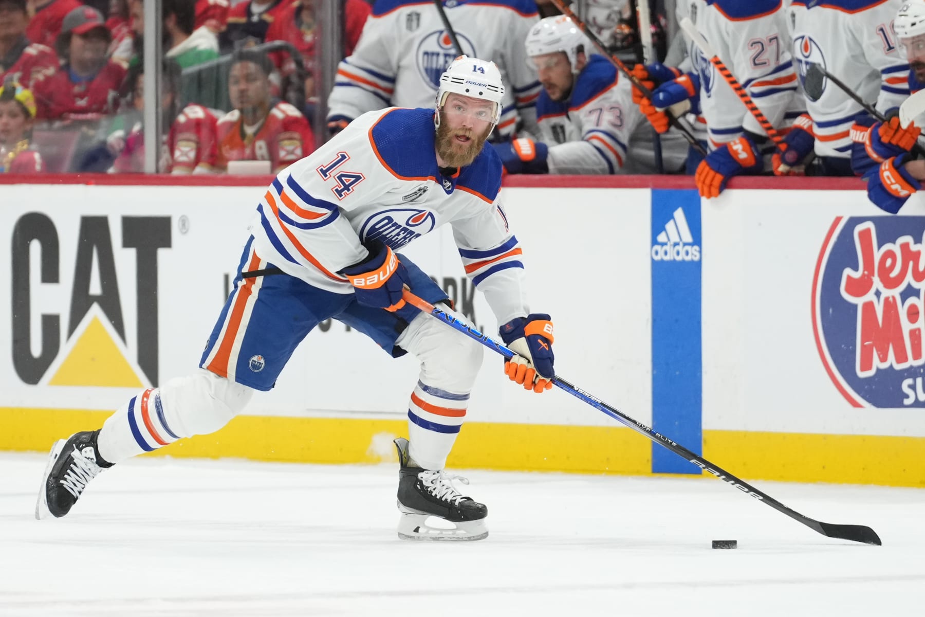 SUNRISE, FL - JUNE 10: Edmonton Oilers defenseman Mattias Ekholm (14) scores on a breakaway opportunity in the first period during game two of the Stanley Cup Finals between the Edmonton Oilers and the Florida Panthers on Saturday, June 10, 2024 at Amerant Bank Area in Sunrise, Fla. (Photo by Peter Joneleit/Icon Sportswire via Getty Images)