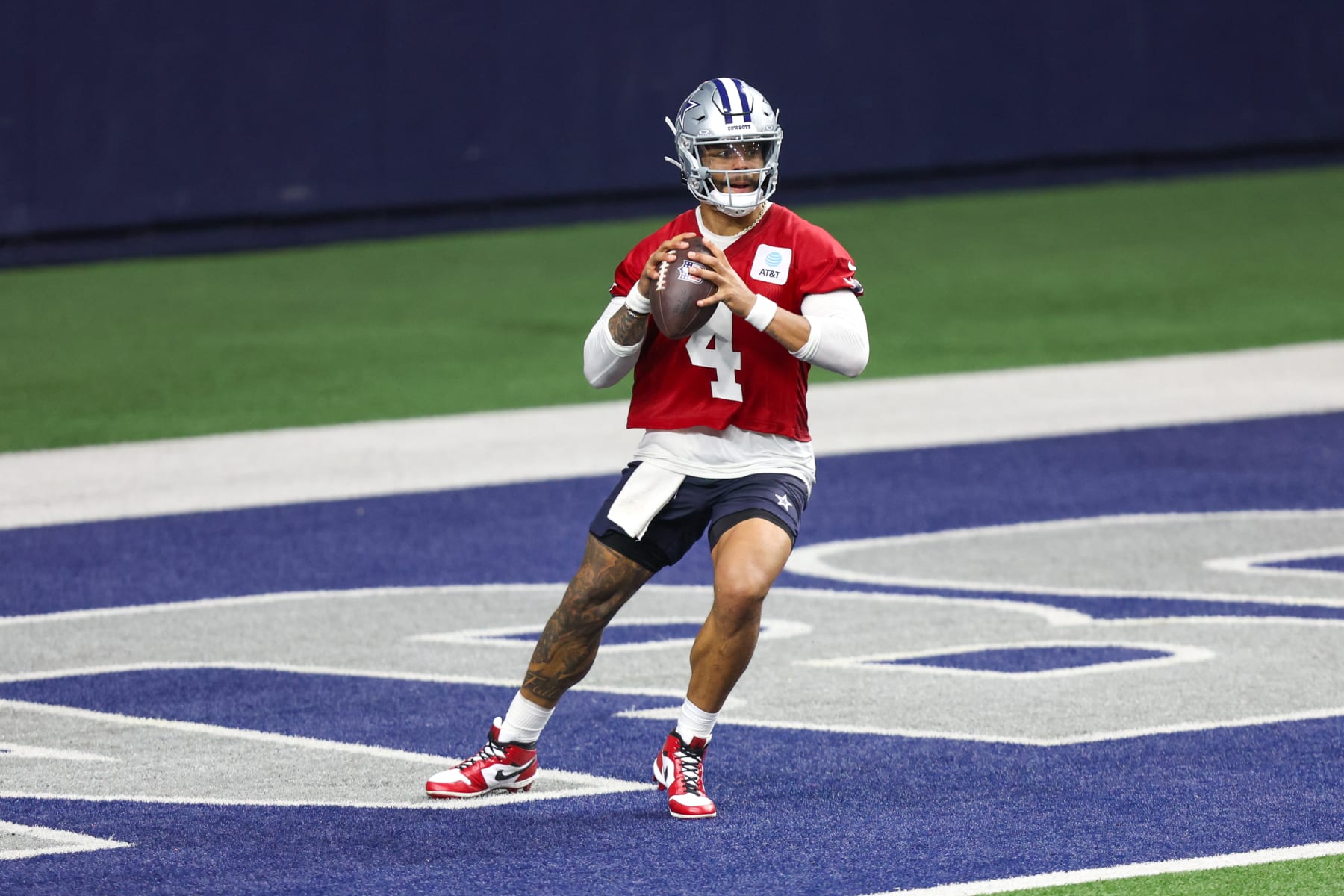 FRISCO, TX - MAY 22: Dallas Cowboys quarterback Dak Prescott (4) passes during the Dallas Cowboys OTAs on May 22, 2024 at The Star in Frisco, TX. (Photo by George Walker/Icon Sportswire via Getty Images)