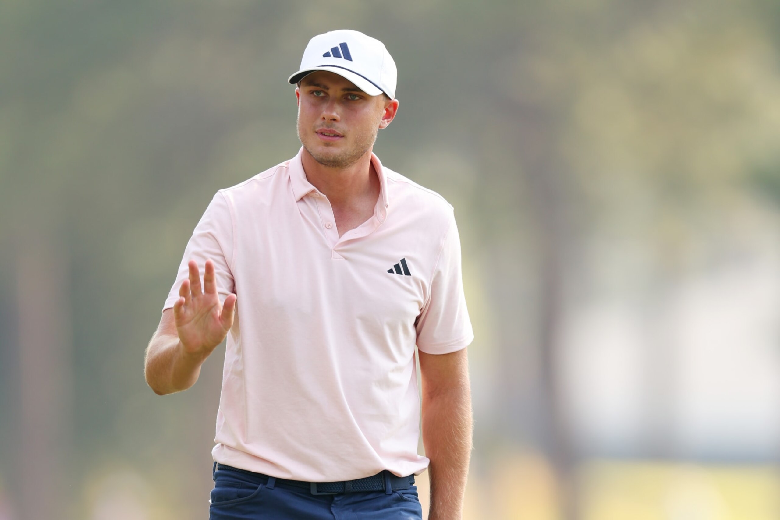 PINEHURST, NORTH CAROLINA - JUNE 14: Ludvig Aberg of Sweden waves on the 12th hole during the second round of the 124th U.S. Open at Pinehurst Resort on June 14, 2024 in Pinehurst, North Carolina. (Photo by Andrew Redington/Getty Images)