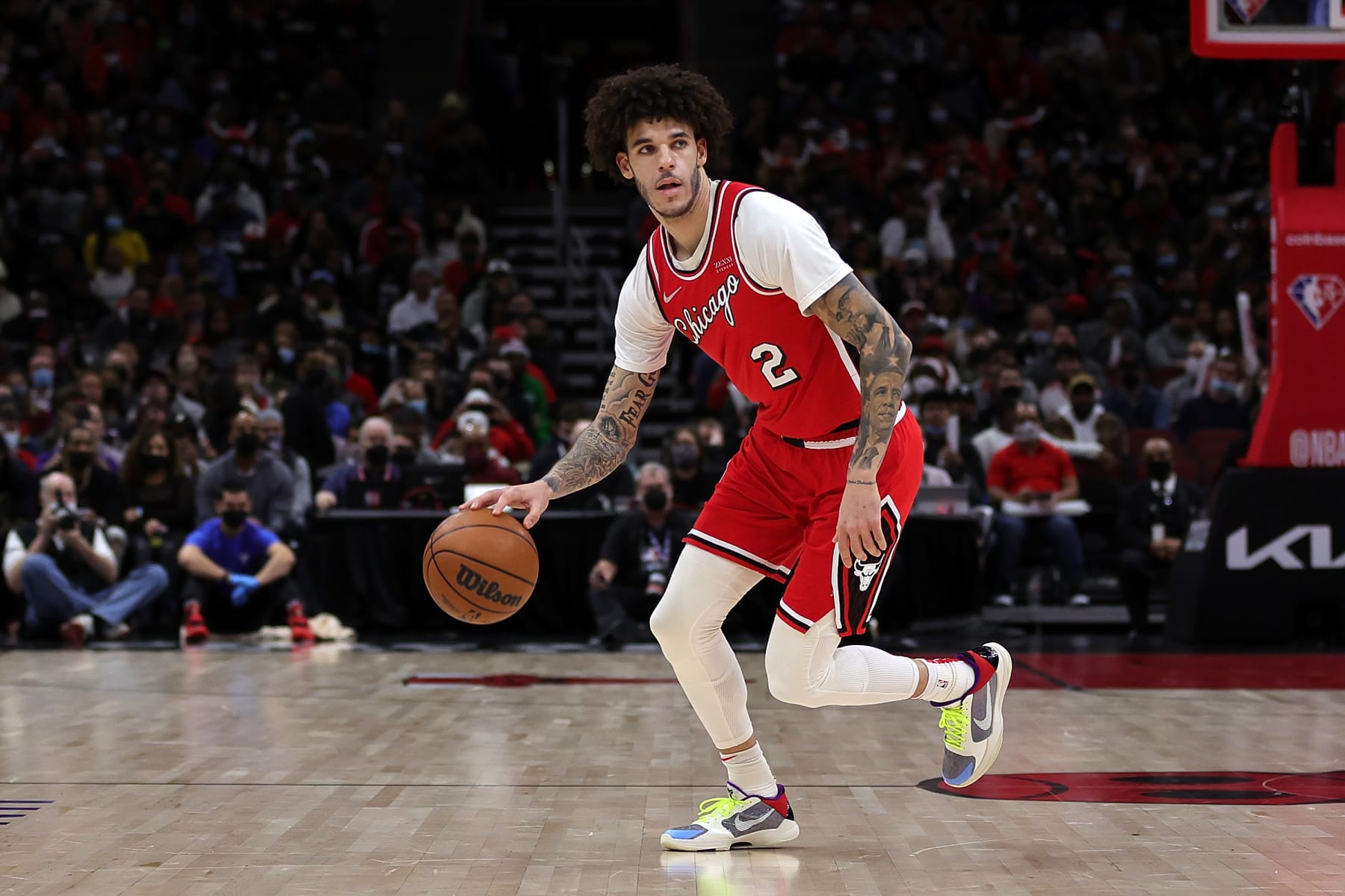 CHICAGO, ILLINOIS - JANUARY 12: Lonzo Ball #2 of the Chicago Bulls walks backcourt during a game against the Brooklyn Nets at United Center on January 12, 2022 in Chicago, Illinois. NOTE TO USER: User expressly acknowledges and agrees that, by downloading and or using this photograph, User is consenting to the terms and conditions of the Getty Images License Agreement. (Photo by Stacy Revere/Getty Images)