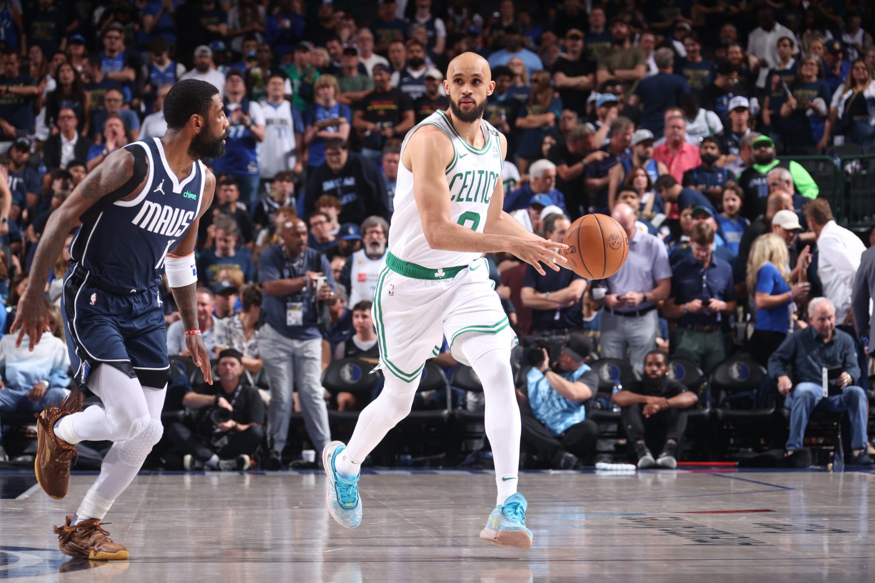 DALLAS, TX - JUNE 12: Derrick White #9 of the Boston Celtics dribbles the ball during the game against the Dallas Mavericks during Game 3 of the 2024 NBA Finals on June 12, 2024 at the American Airlines Center in Dallas, Texas. NOTE TO USER: User expressly acknowledges and agrees that, by downloading and or using this photograph, User is consenting to the terms and conditions of the Getty Images License Agreement. Mandatory Copyright Notice: Copyright 2024 NBAE (Photo by Nathaniel S. Butler/NBAE via Getty Images)