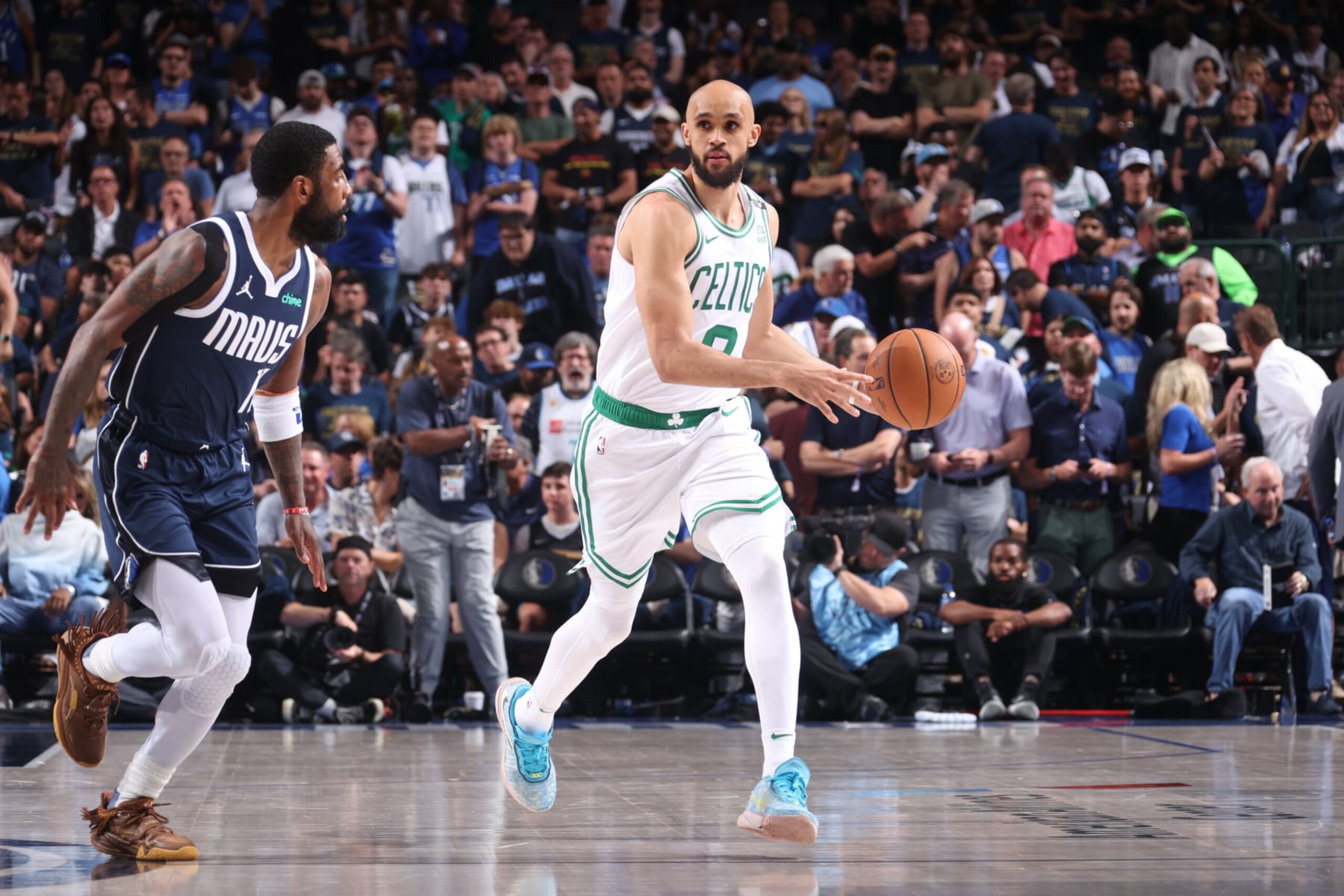 DALLAS, TX - JUNE 12: Derrick White #9 of the Boston Celtics dribbles the ball during the game against the Dallas Mavericks during Game 3 of the 2024 NBA Finals on June 12, 2024 at the American Airlines Center in Dallas, Texas. NOTE TO USER: User expressly acknowledges and agrees that, by downloading and or using this photograph, User is consenting to the terms and conditions of the Getty Images License Agreement. Mandatory Copyright Notice: Copyright 2024 NBAE (Photo by Nathaniel S. Butler/NBAE via Getty Images)