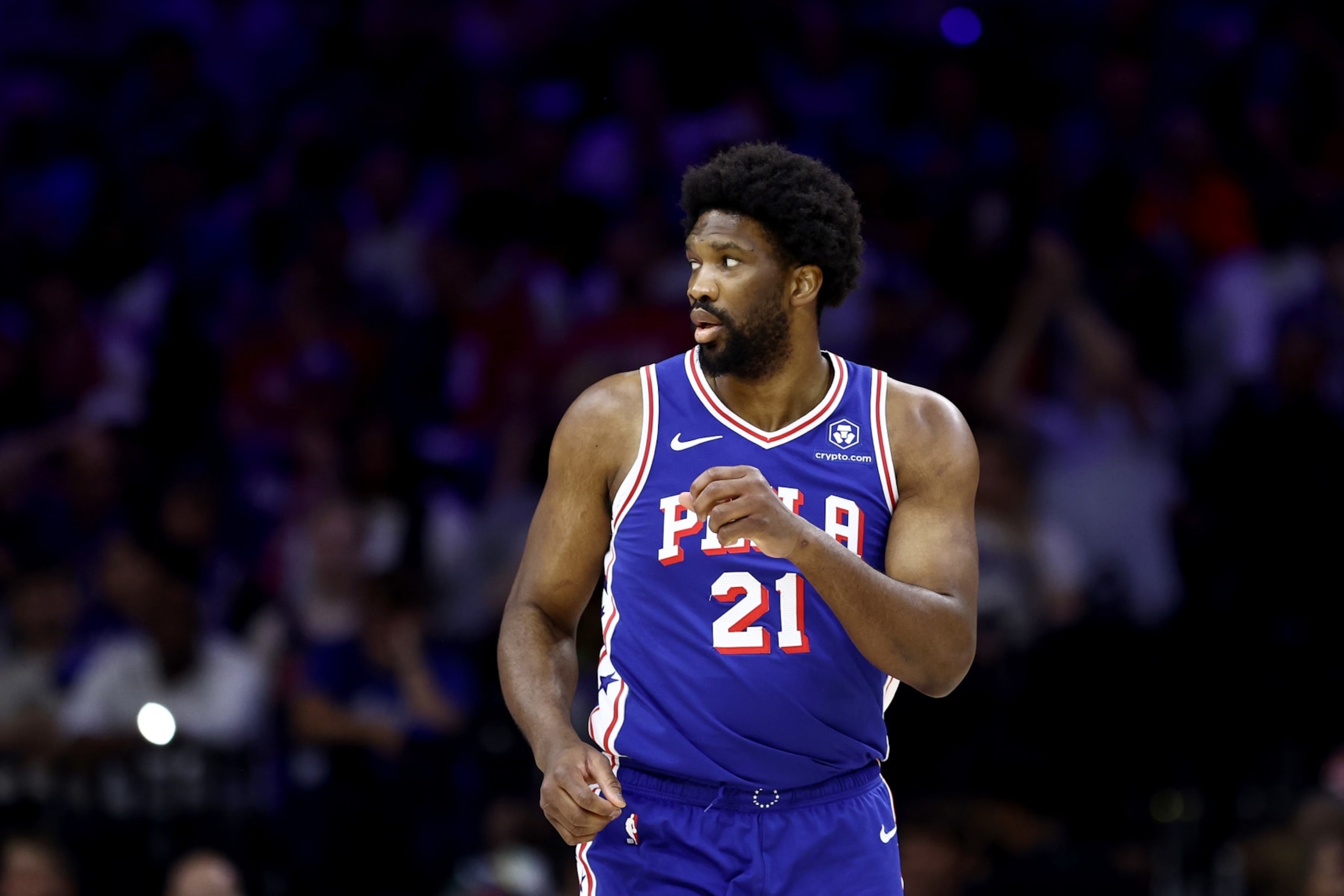 PHILADELPHIA, PENNSYLVANIA - MAY 02: Joel Embiid #21 of the Philadelphia 76ers looks on during the first quarter of game six of the Eastern Conference First Round Playoffs against the New York Knicks at the Wells Fargo Center on May 02, 2024 in Philadelphia, Pennsylvania. (Photo by Tim Nwachukwu/Getty Images) PHILADELPHIA, PENNSYLVANIA - MAY 02: Joel Embiid #21 of the Philadelphia 76ers looks on during the first quarter of game six of the Eastern Conference First Round Playoffs against the New York Knicks at the Wells Fargo Center on May 02, 2024 in Philadelphia, Pennsylvania. (Photo by Tim Nwachukwu/Getty Images)