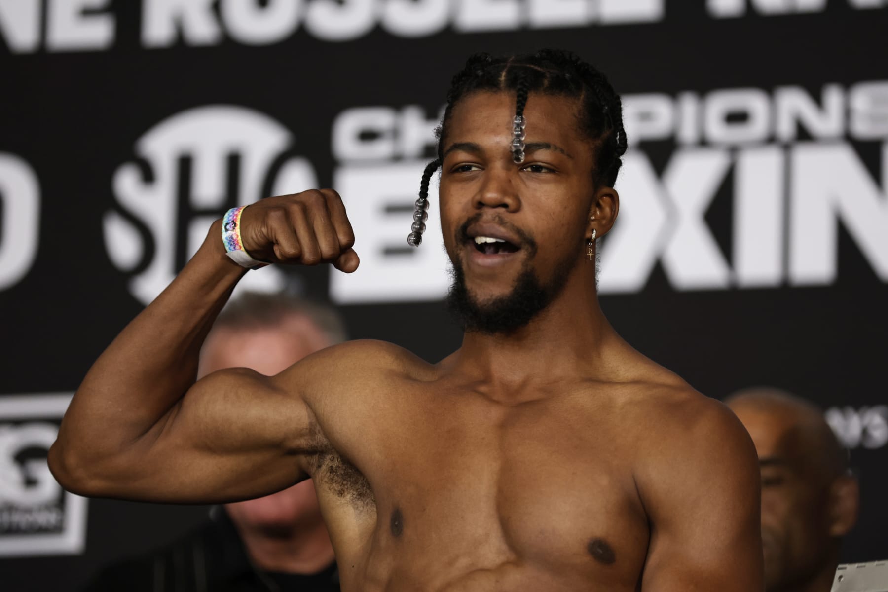 BROOKLYN, NEW YORK - JULY 29: Gary Antuanne Russell at a weigh-in before a super lightweight boxing match against Rances Barthelemy at Barclays Center on July 29, 2022 in the Brooklyn borough of New York City. (Photo by Adam Hunger/Getty Images)