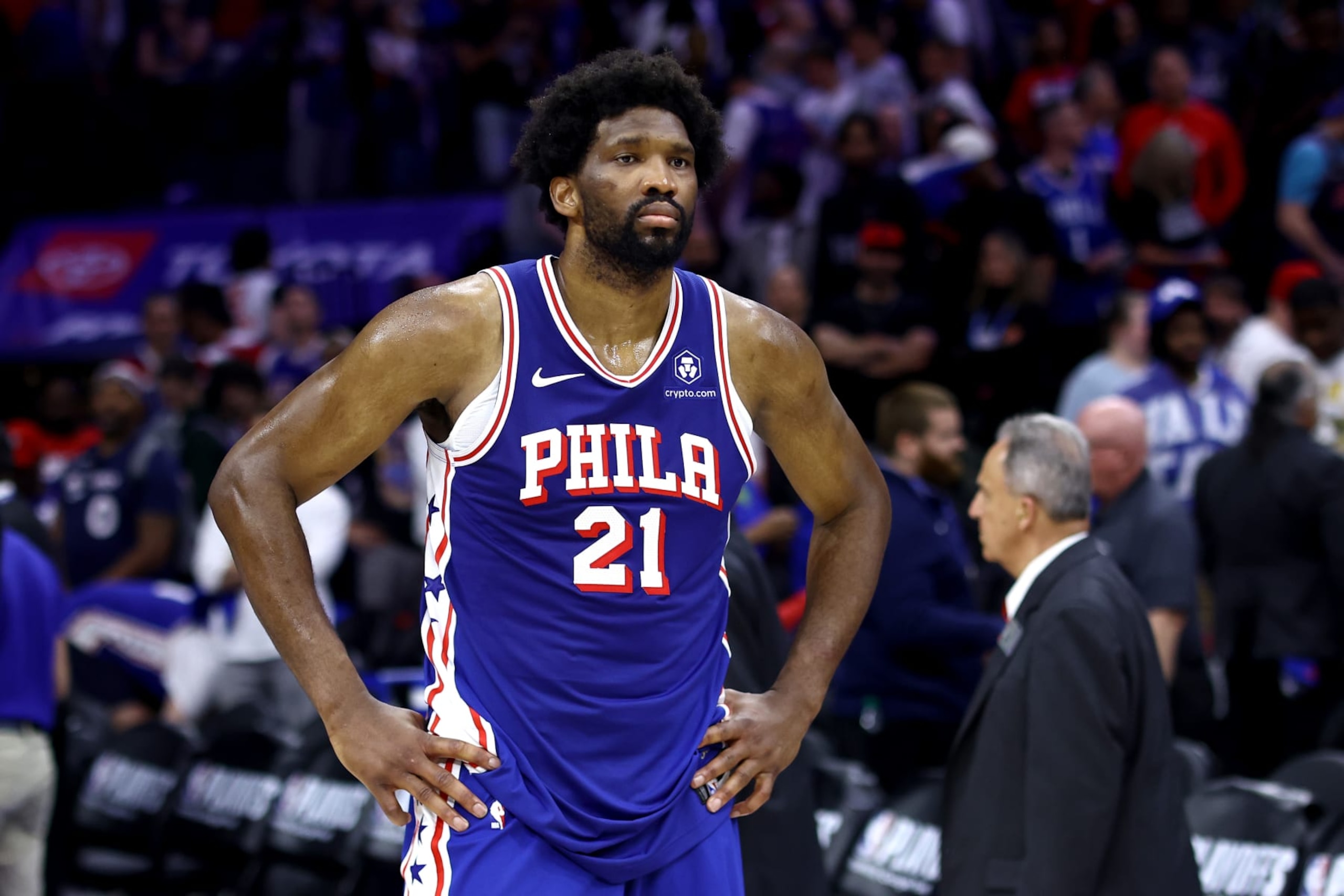PHILADELPHIA, PENNSYLVANIA - MAY 02: Joel Embiid #21 of the Philadelphia 76ers reacts after his team's 118-115 loss against the New York Knicks in game six of the Eastern Conference First Round Playoffs at the Wells Fargo Center on May 02, 2024 in Philadelphia, Pennsylvania. (Photo by Tim Nwachukwu/Getty Images)