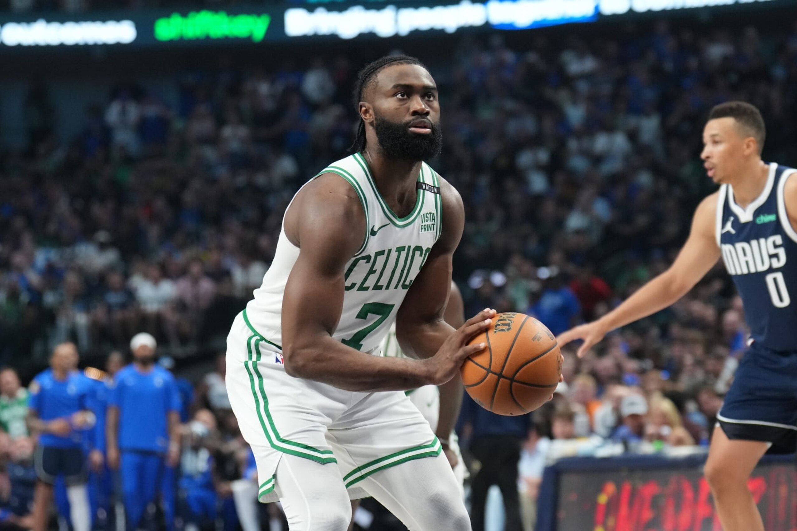 DALLAS, TX - JUNE 14: Jaylen Brown #7 of the Boston Celtics shoots a free throw during the game against the Dallas Mavericks during Game 4 of the 2024 NBA Finals on June 14, 2024 at the American Airlines Center in Dallas, Texas. NOTE TO USER: User expressly acknowledges and agrees that, by downloading and or using this photograph, User is consenting to the terms and conditions of the Getty Images License Agreement. Mandatory Copyright Notice: Copyright 2024 NBAE (Photo by Jesse D. Garrabrant/NBAE via Getty Images)