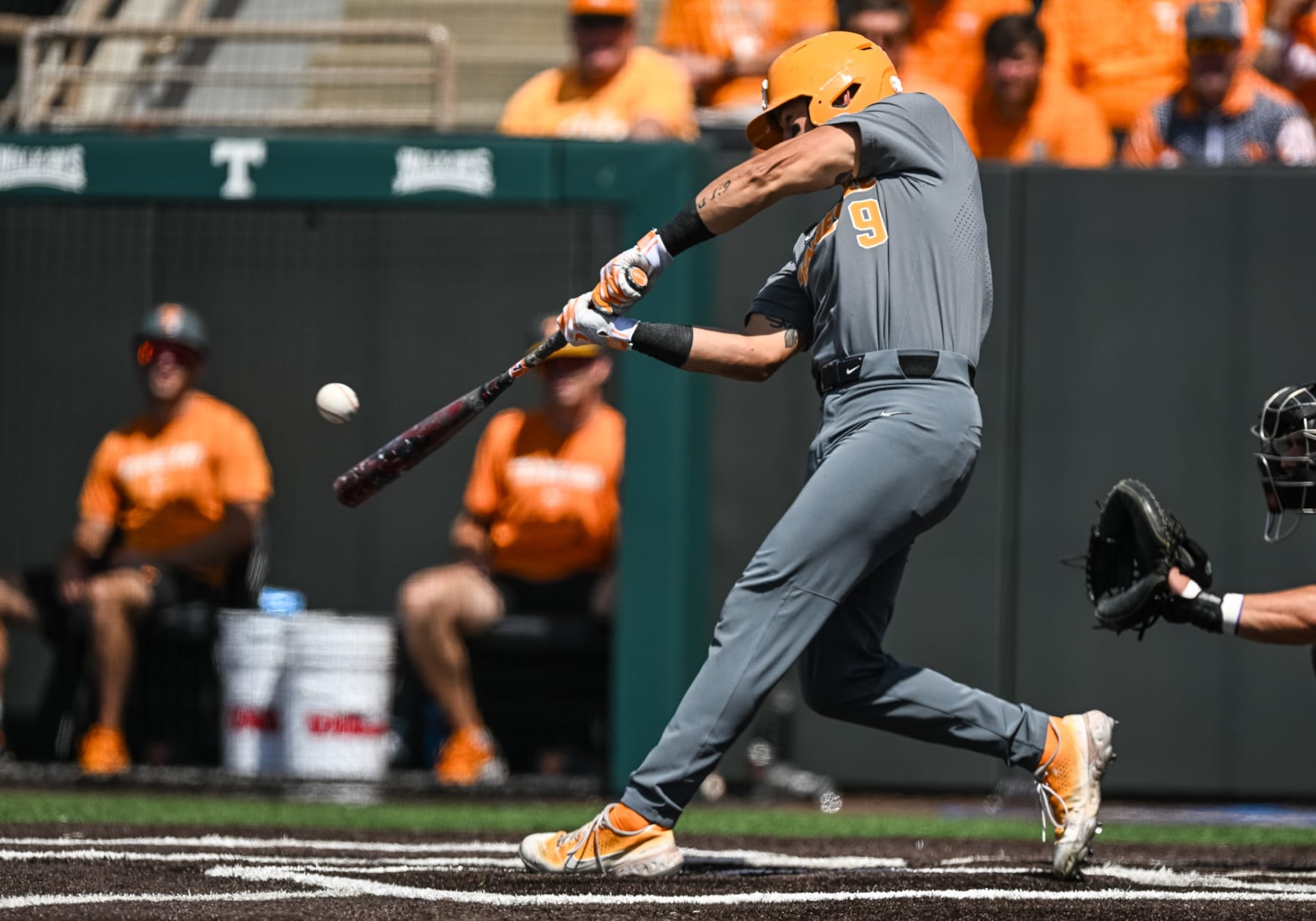 KNOXVILLE, TN - JUNE 07: Tennessee outfielder Hunter Ensley (9) hits the gall during the NCAA Men's Baseball Super Regional game between the Tennessee Volunteers and the Evansville Aces on June 8, 2024, at Lindsey Nelson Stadium in Knoxville, TN. (Photo by Bryan Lynn/Icon Sportswire via Getty Images)