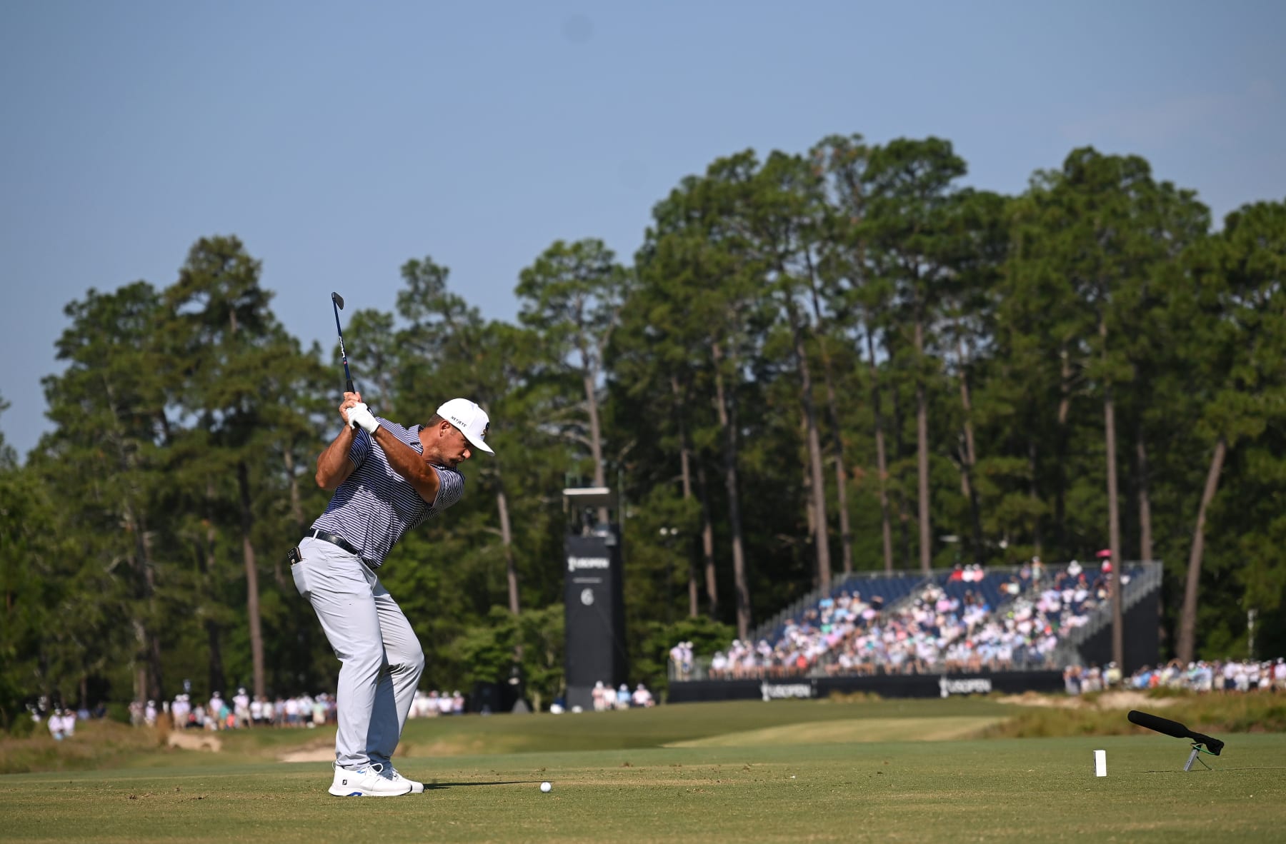 PINEHURST, NORTH CAROLINA - JUNE 14: Bryson DeChambeau of the United States plays his shot from the sixth tee during the second round of the 124th U.S. Open at Pinehurst Resort on June 14, 2024 in Pinehurst, North Carolina. (Photo by Ross Kinnaird/Getty Images)