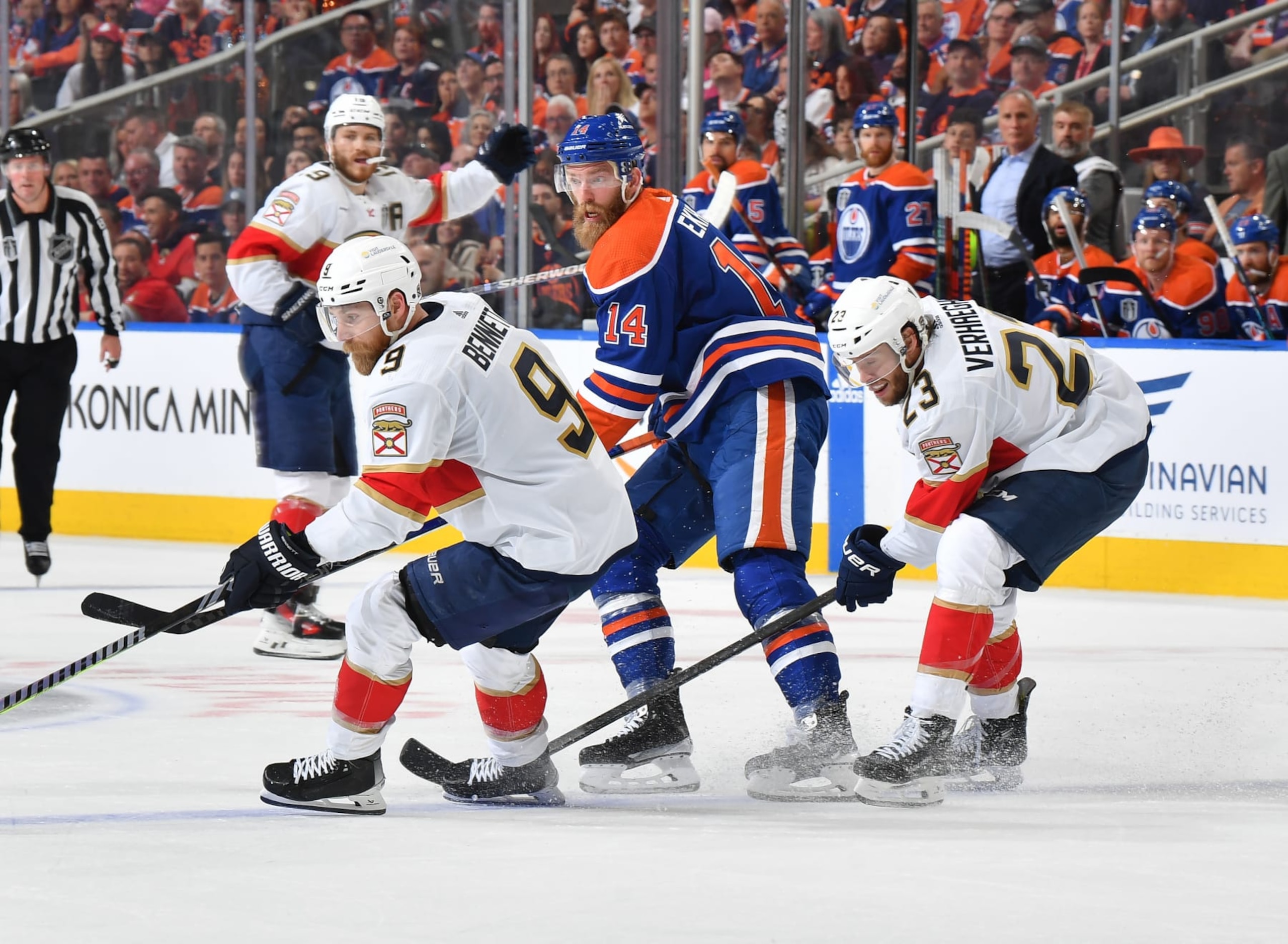 EDMONTON, CANADA - JUNE 13: Mattias Ekholm #14 of the Edmonton Oilers battles for position against Sam Bennett #9 and Carter Verhaeghe #23 of the Florida Panthers in Game Three of the 2024 Stanley Cup Final at Rogers Place on June 13, 2024, in Edmonton, Alberta, Canada. (Photo by Andy Devlin/NHLI via Getty Images) EDMONTON, CANADA - JUNE 13: Mattias Ekholm #14 of the Edmonton Oilers battles for position against Sam Bennett #9 and Carter Verhaeghe #23 of the Florida Panthers in Game Three of the 2024 Stanley Cup Final at Rogers Place on June 13, 2024, in Edmonton, Alberta, Canada. (Photo by Andy Devlin/NHLI via Getty Images)