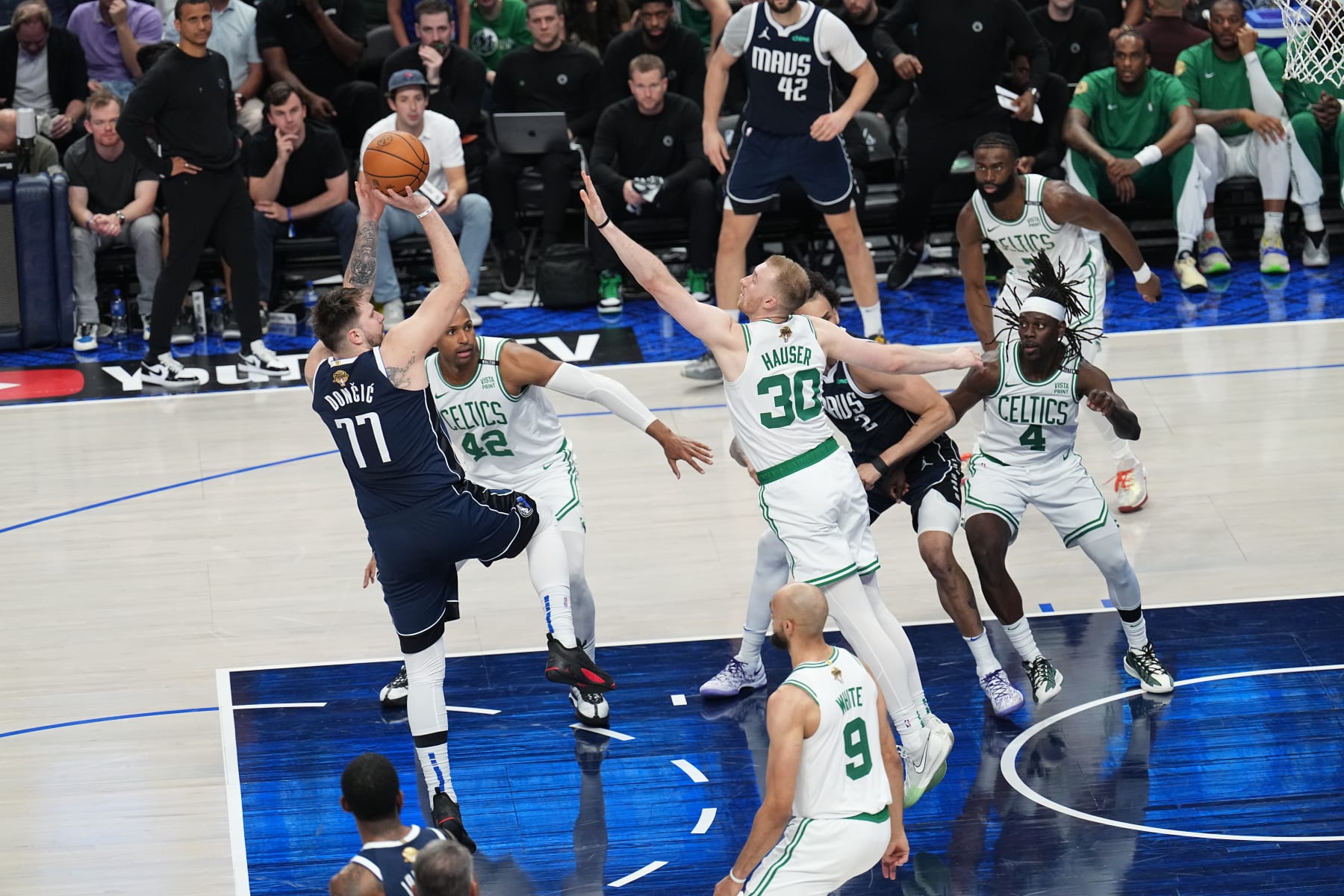DALLAS, TX - JUNE 14: Luka Doncic #77 of the Dallas Mavericks shoots the ball during the game against the Boston Celtics during Game Four of the 2024 NBA Finals on June 14, 2024 at the American Airlines Center in Dallas, Texas. NOTE TO USER: User expressly acknowledges and agrees that, by downloading and or using this photograph, User is consenting to the terms and conditions of the Getty Images License Agreement. Mandatory Copyright Notice: Copyright 2024 NBAE (Photo by Glenn James/NBAE via Getty Images)