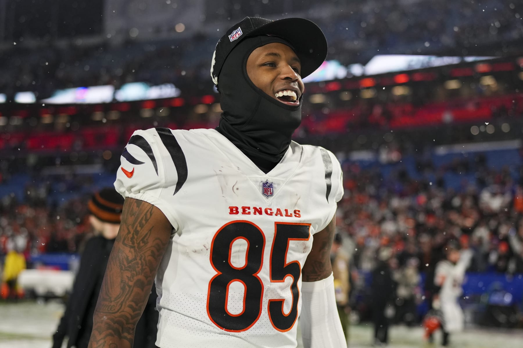 ORCHARD PARK, NY - JANUARY 22: Tee Higgins #85 of the Cincinnati Bengals celebrates against the Buffalo Bills at Highmark Stadium on January 22, 2023 in Orchard Park, New York. (Photo by Cooper Neill/Getty Images)