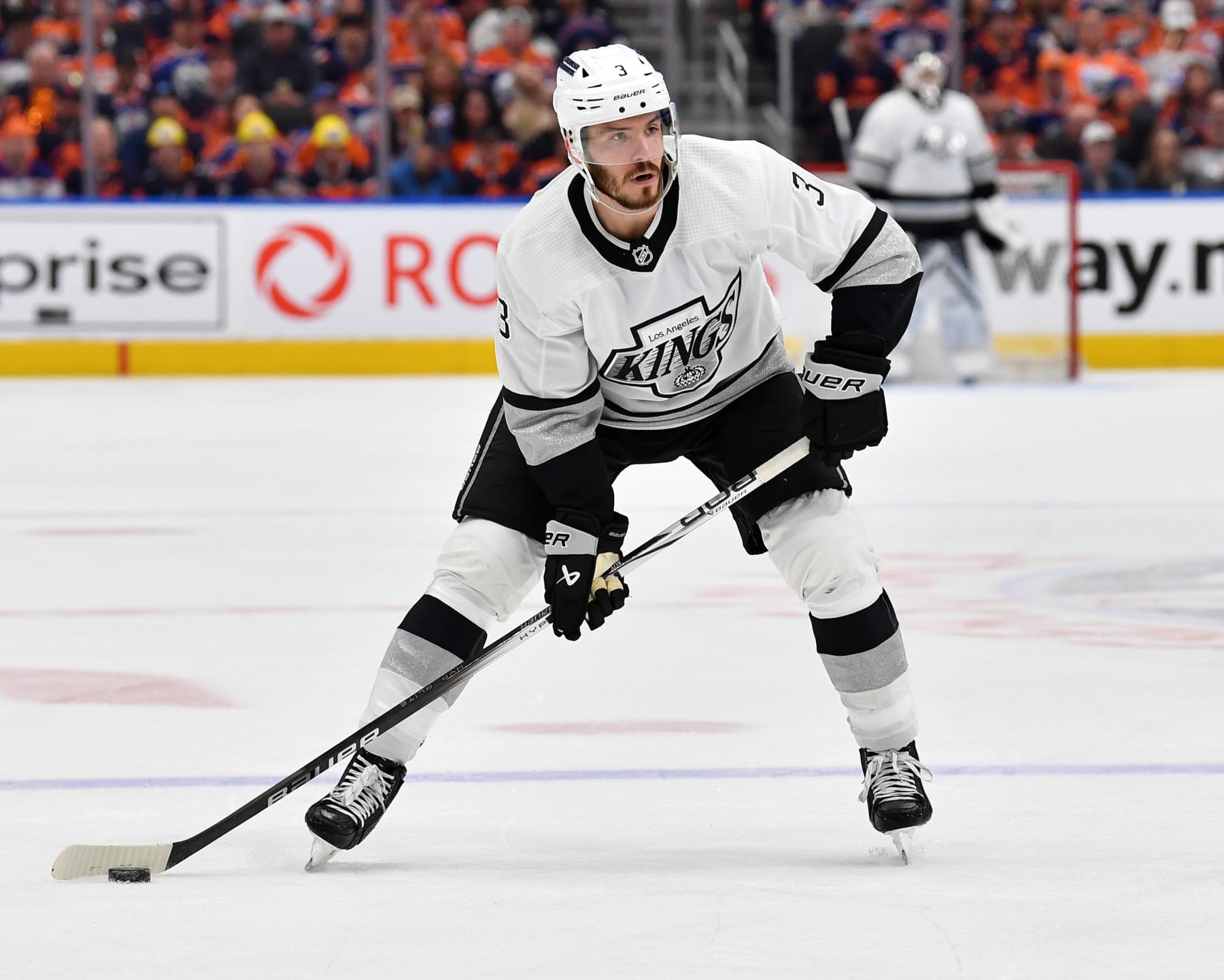 EDMONTON, CANADA - MAY 01: Matt Roy #3 of the Los Angeles Kings in action in Game Five of the First Round of the 2024 Stanley Cup Playoffs against the Edmonton Oilers at Rogers Place on May 1, 2024, in Edmonton, Alberta, Canada. (Photo by Andy Devlin/NHLI via Getty Images)