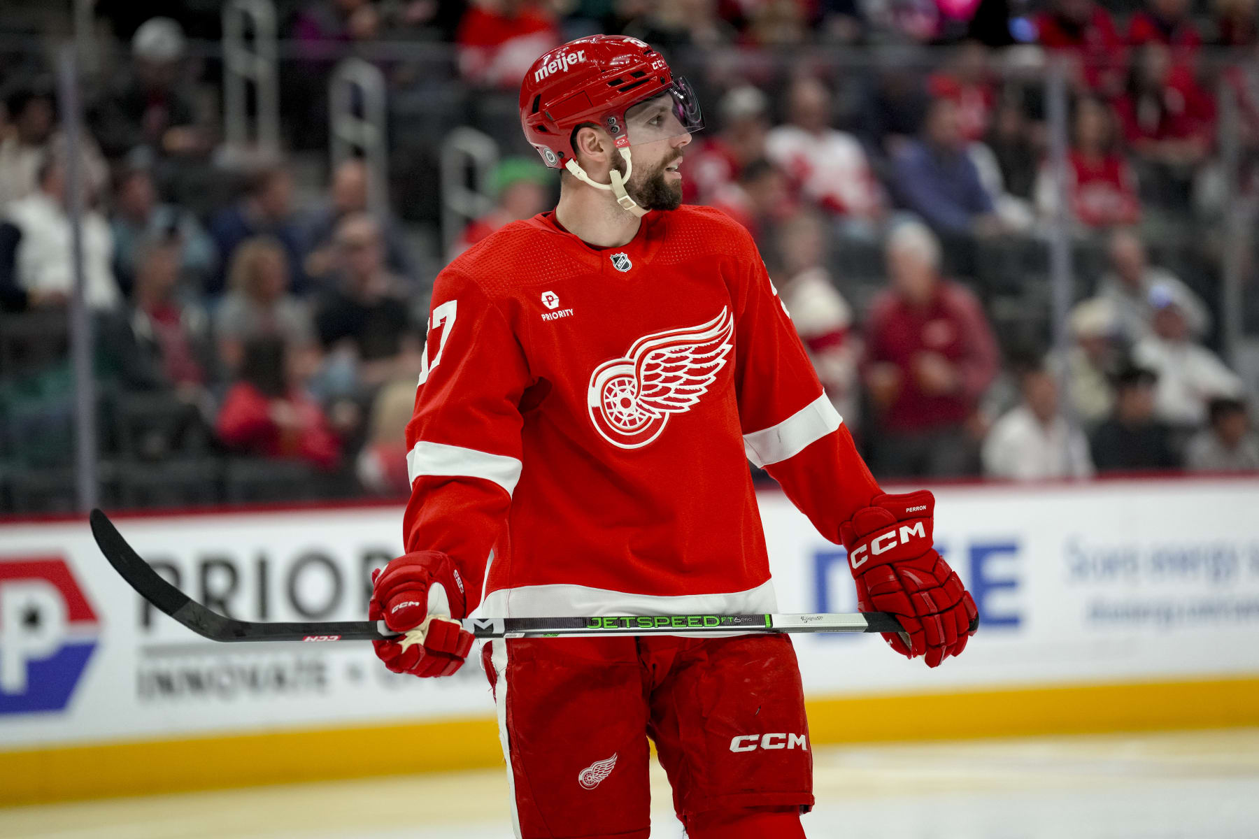 DETROIT, MICHIGAN - APRIL 09: David Perron #57 of the Detroit Red Wings looks on against the Washington Capitals at Little Caesars Arena on April 09, 2024 in Detroit, Michigan. (Photo by Nic Antaya/Getty Images)