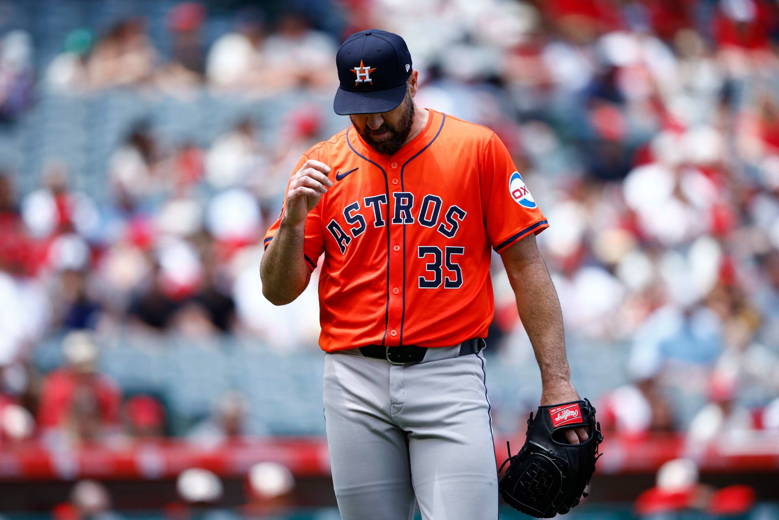 ANAHEIM, CALIFORNIA - JUNE 09:  Justin Verlander #35 of the Houston Astros walks to the dugout after the third out against the Los Angeles Angels in the second inning at Angel Stadium of Anaheim on June 09, 2024 in Anaheim, California. (Photo by Ronald Martinez/Getty Images)