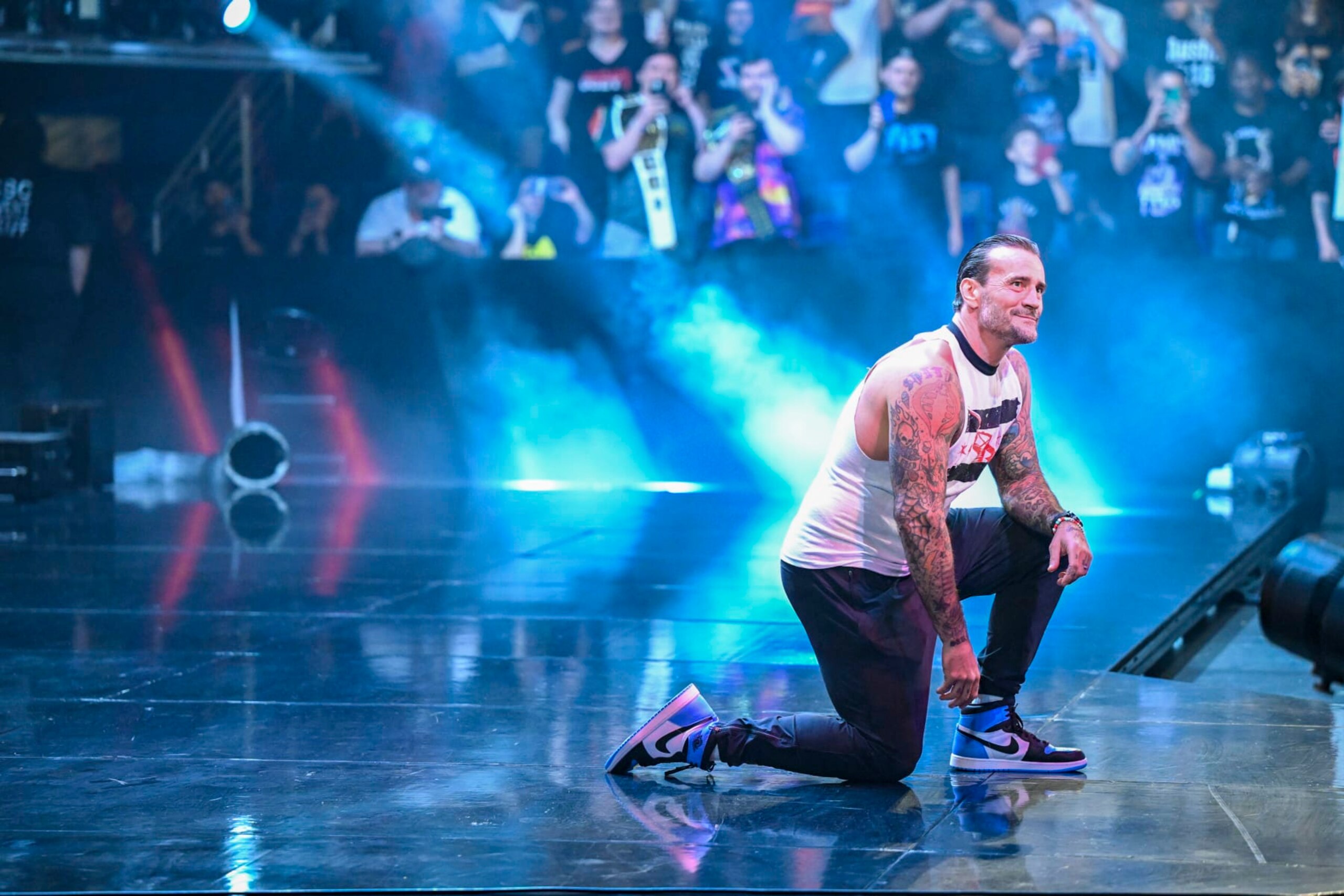 HARTFORD, CONNECTICUT - MAY 6: CM Punk enters the arena during Monday Night RAW at XL Center on May 6, 2024 in Hartford, Connecticut.  (Photo by WWE/Getty Images)