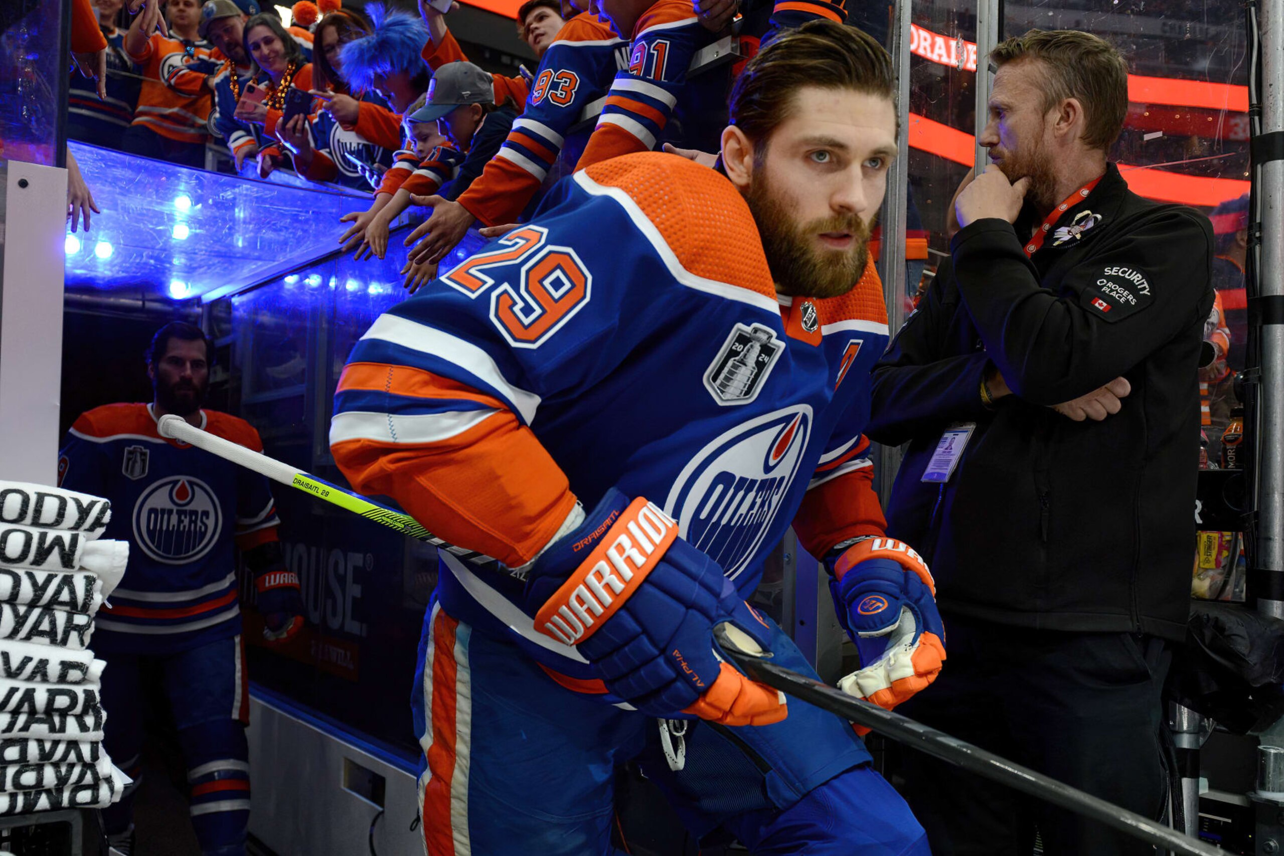 EDMONTON, CANADA - JUNE 13: Leon Draisaitl #29 of the Edmonton Oilers steps onto the ice for warm ups before Game Three of the 2024 Stanley Cup Final against the Florida Panthers at Rogers Place on June 13, 2024, in Edmonton, Alberta, Canada. (Photo by Andy Devlin/NHLI via Getty Images)