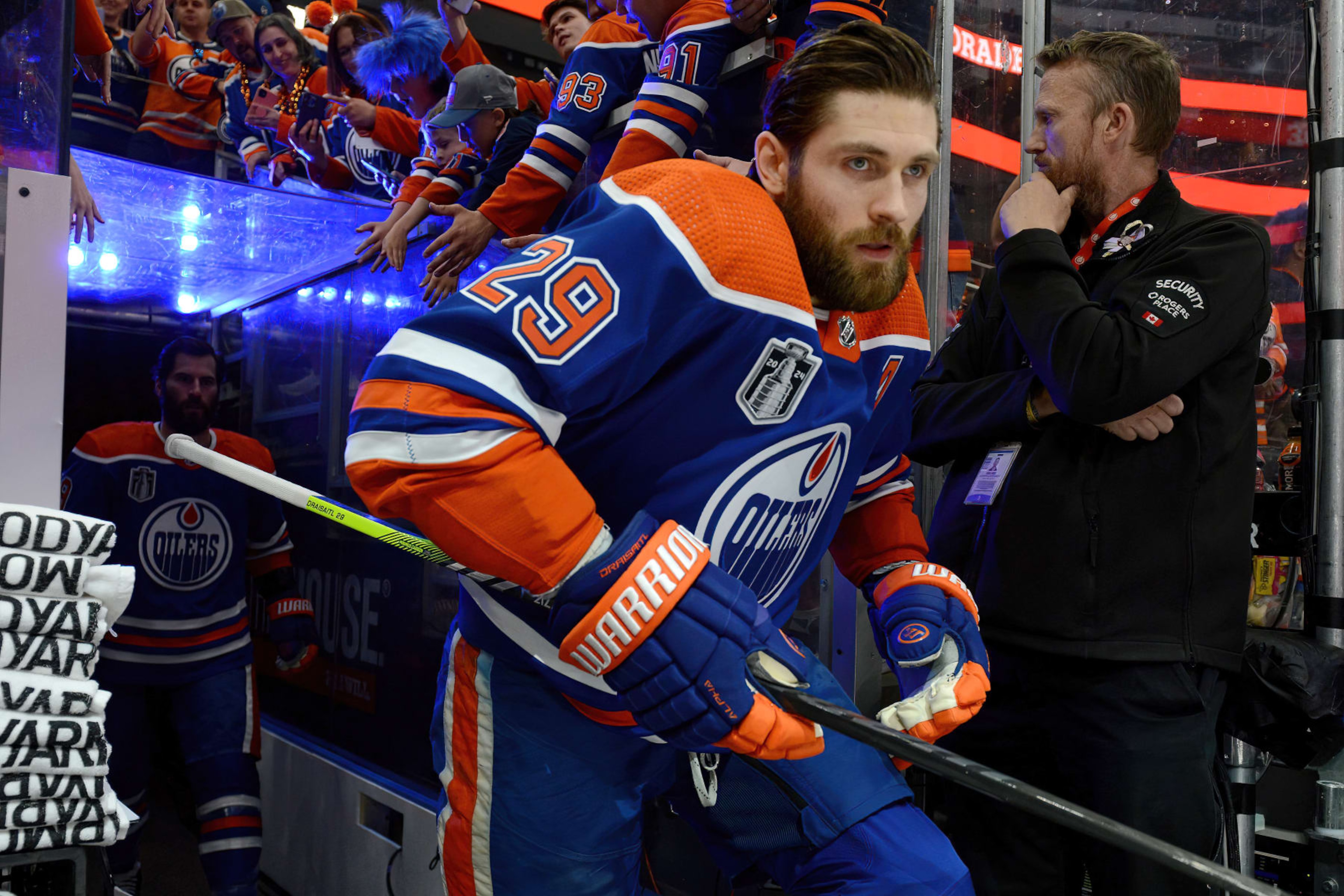 EDMONTON, CANADA - JUNE 13: Leon Draisaitl #29 of the Edmonton Oilers steps onto the ice for warm ups before Game Three of the 2024 Stanley Cup Final against the Florida Panthers at Rogers Place on June 13, 2024, in Edmonton, Alberta, Canada. (Photo by Andy Devlin/NHLI via Getty Images)