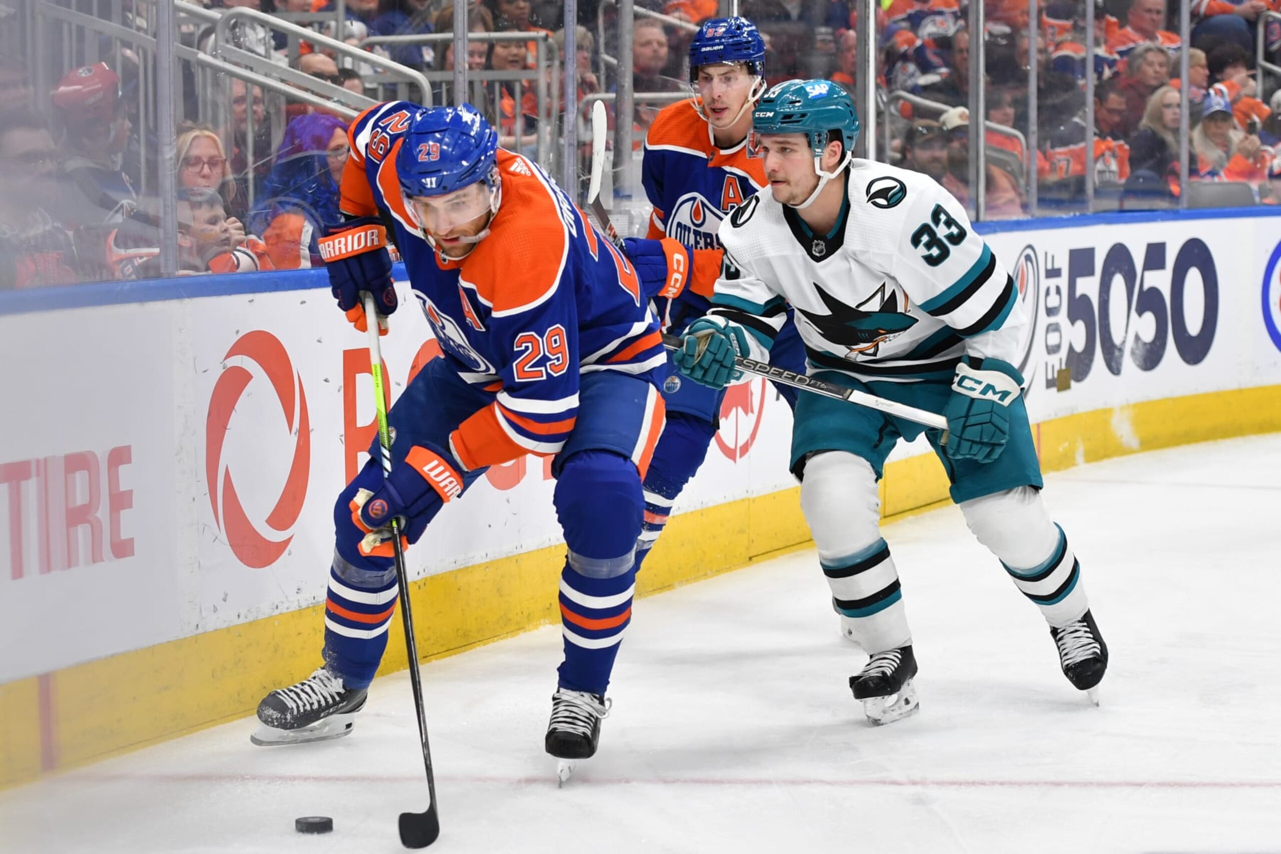 EDMONTON, CANADA - APRIL 15: Leon Draisaitl #29 of the Edmonton Oilers skates during the game against Calen Addison #33 of the San Jose Sharks at Rogers Place on April 15, 2024, in Edmonton, Alberta, Canada. (Photo by Andy Devlin/NHLI via Getty Images)